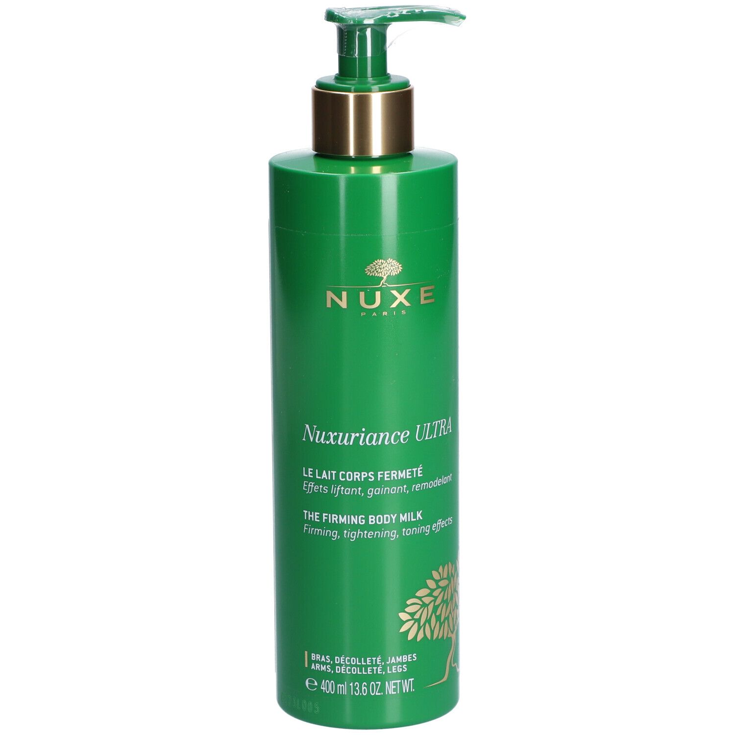 Grüne Flasche mit Pumpe. Aufschrift: NUXE, Nuxuriance Ultra, The Firming Body Milk. Mit Baum-Illustration.