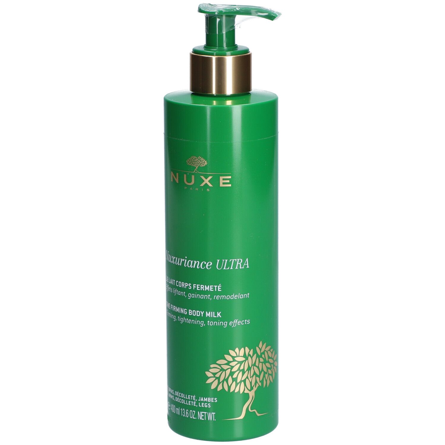 Grüne Flasche mit Pumpe. Aufschrift: NUXE, Nuxuriance Ultra, The Firming Body Milk. Mit Baum-Illustration.