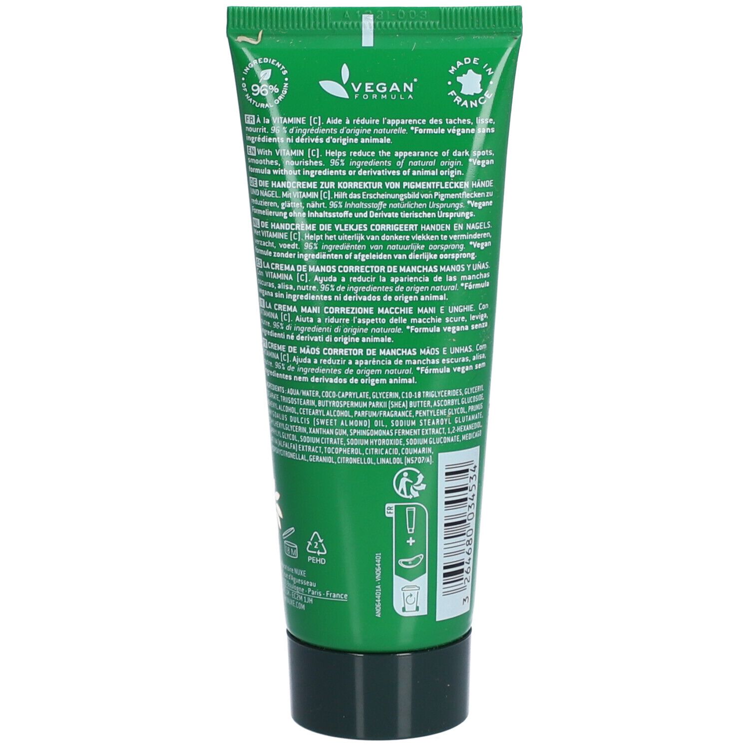 Dos du tube vert. Texte multilingue. Label vegan. Fabriqué en France. Code-barres.