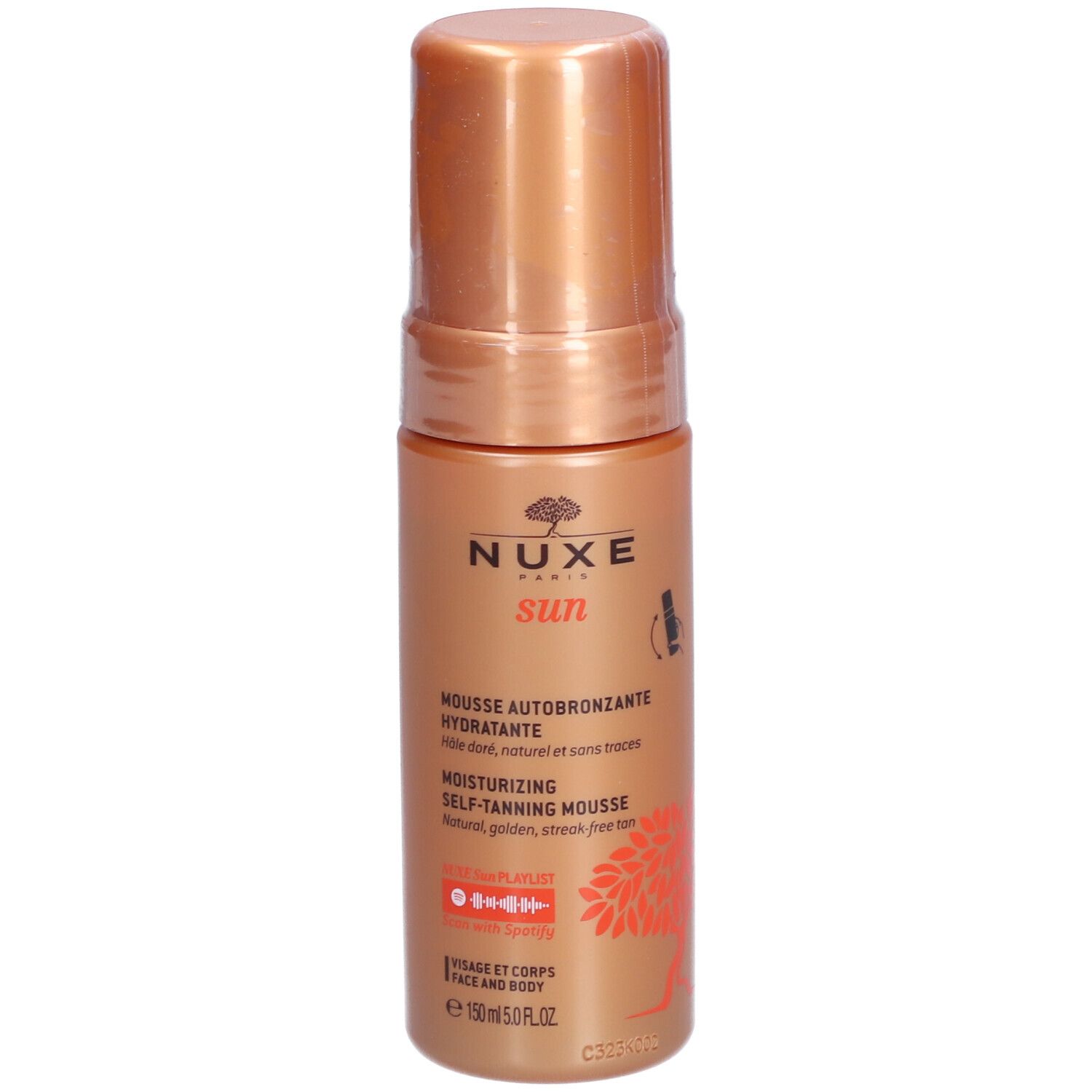 Zelfbruinende mousse fles. Goudkleurige behuizing, goudkleurige dop. Tekst: Nuxe Sun, Mousse Autobronzante Hydratante.