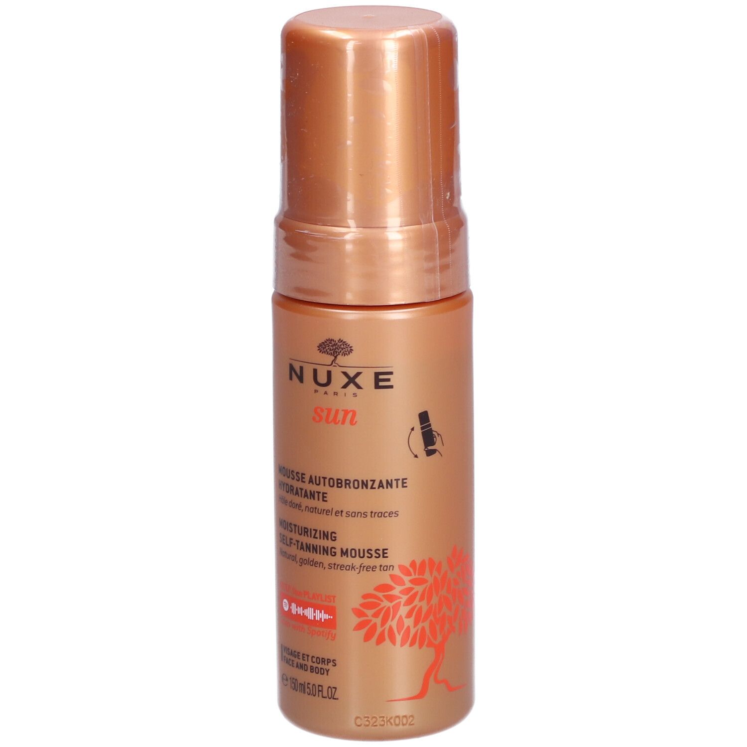 Zelfbruinende mousse fles. Goudkleurige behuizing, goudkleurige dop. Tekst: Nuxe Sun, Mousse Autobronzante Hydratante.