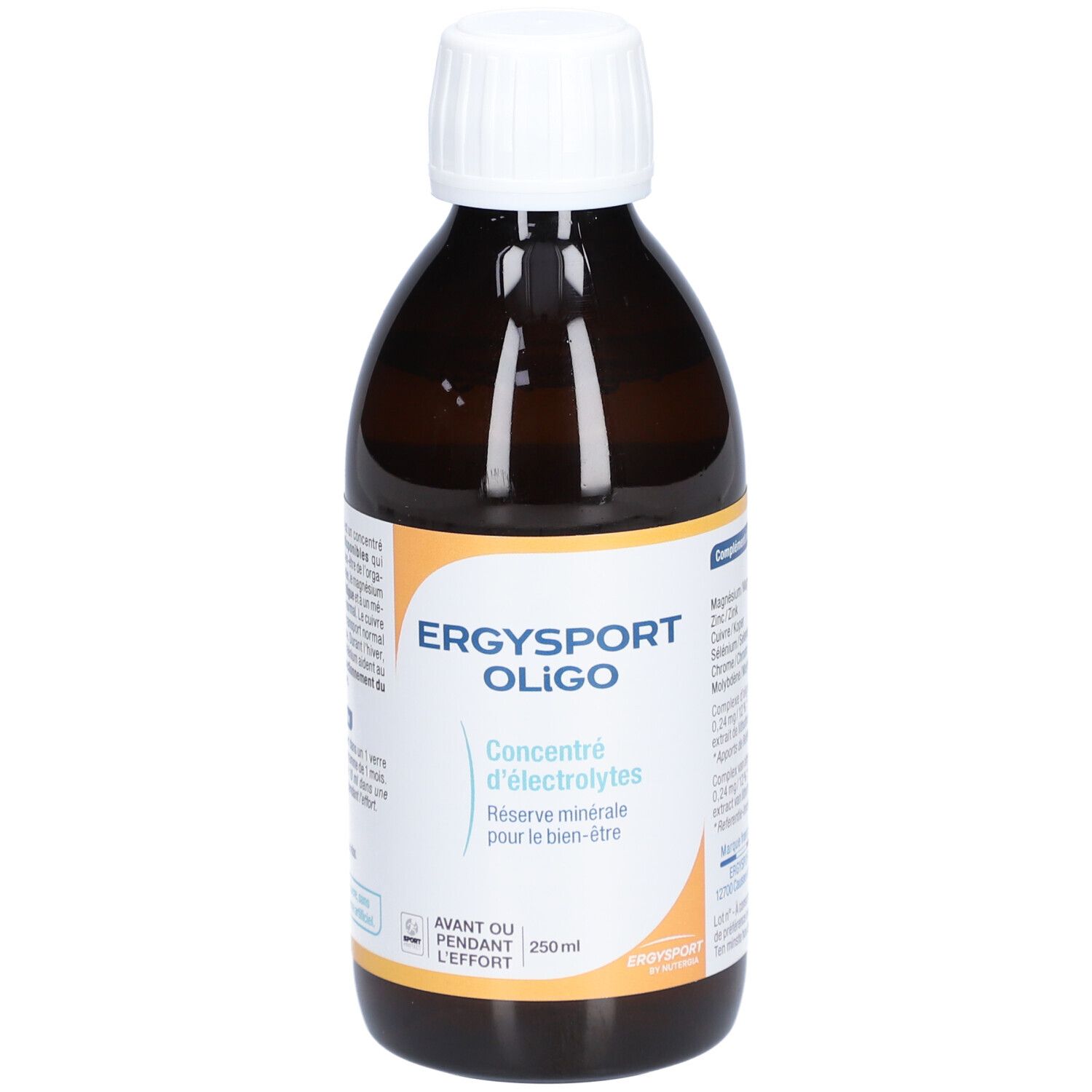 Flacon brun avec bouchon blanc. Inscription : Ergysport Oligo, concentré d'électrolytes. 250 ml.