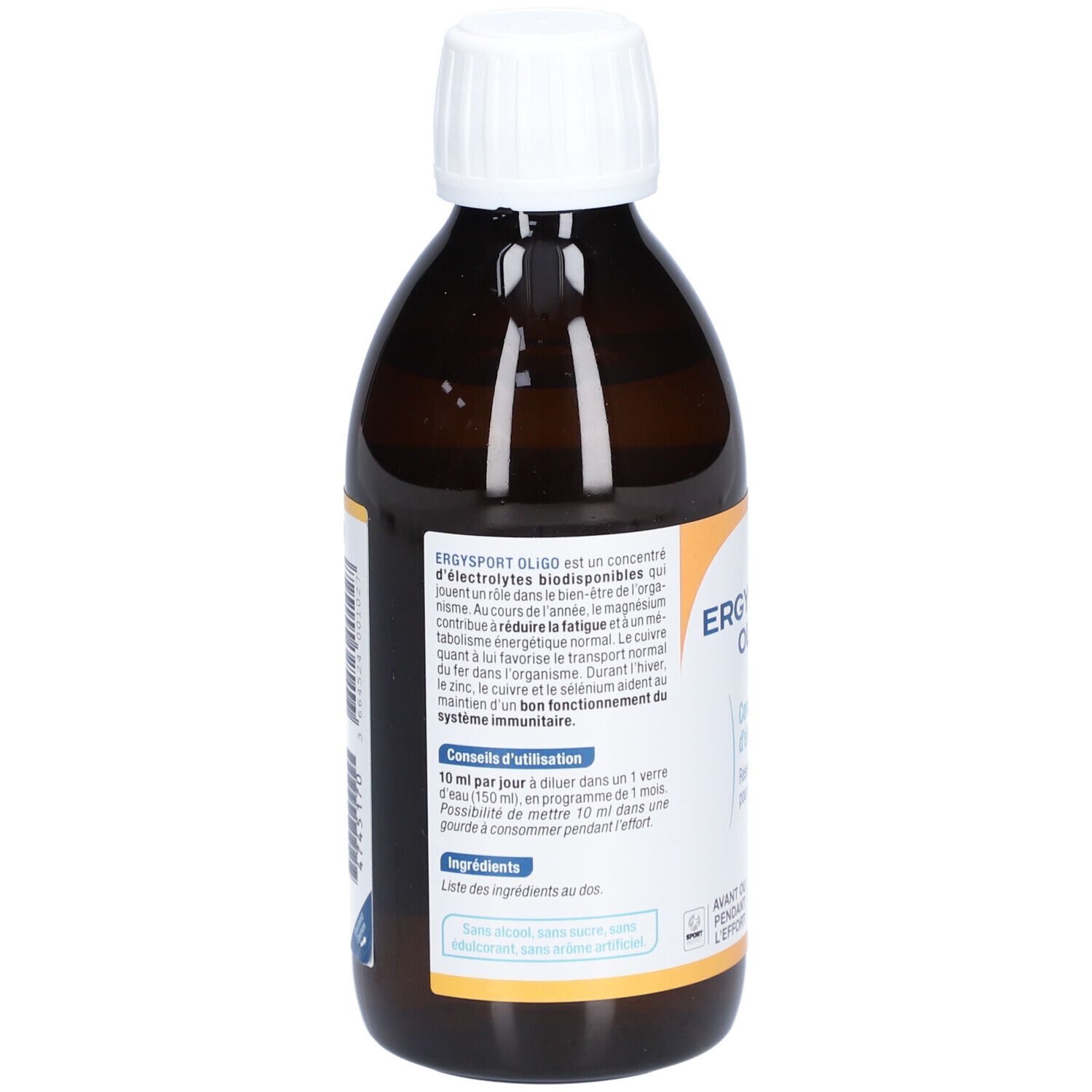 Flacon brun avec bouchon blanc. Texte sur l'étiquette : Ergysport Oligo. Informations sur l'utilisation et les ingrédients.