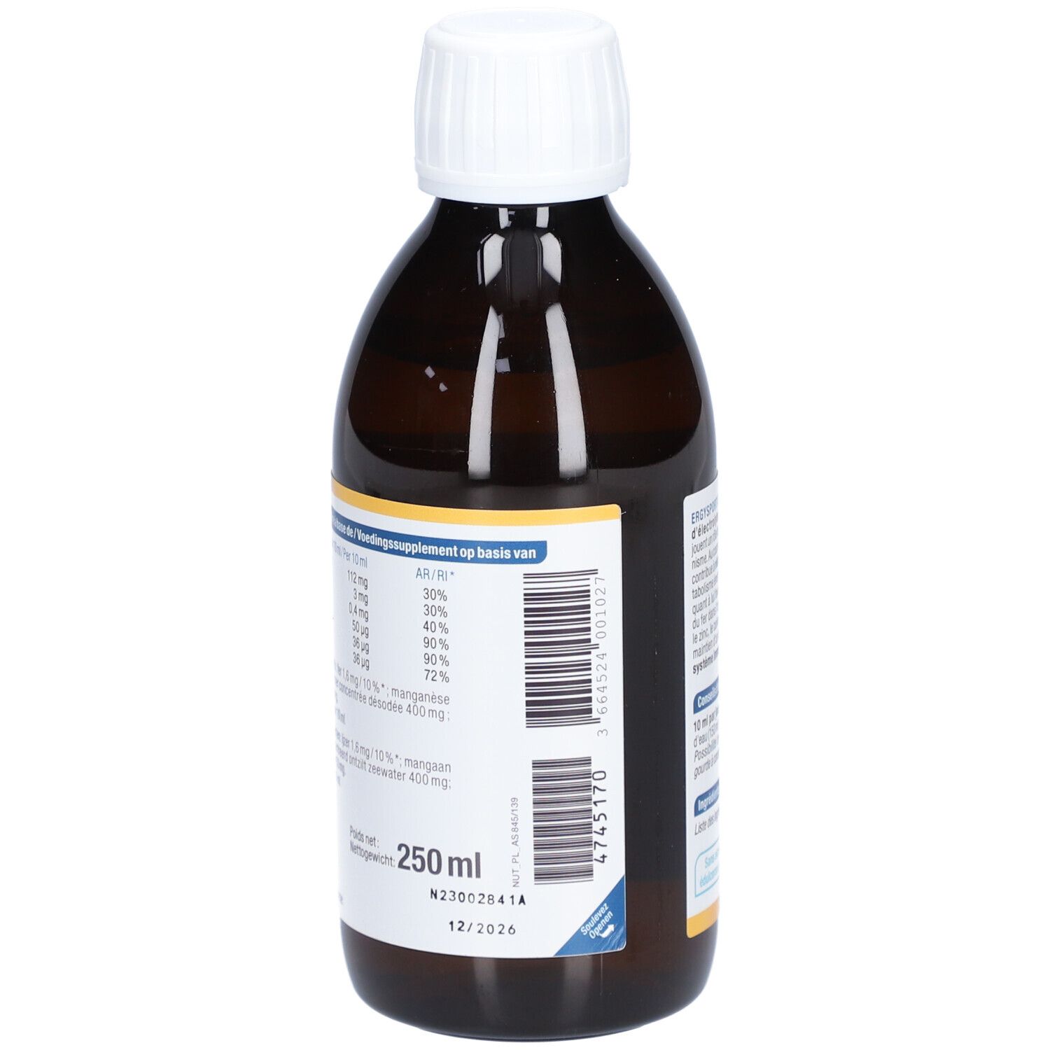 Flacon brun avec bouchon blanc. Dos avec informations nutritionnelles et code-barres. 250 ml. Date limite : 12/2026.
