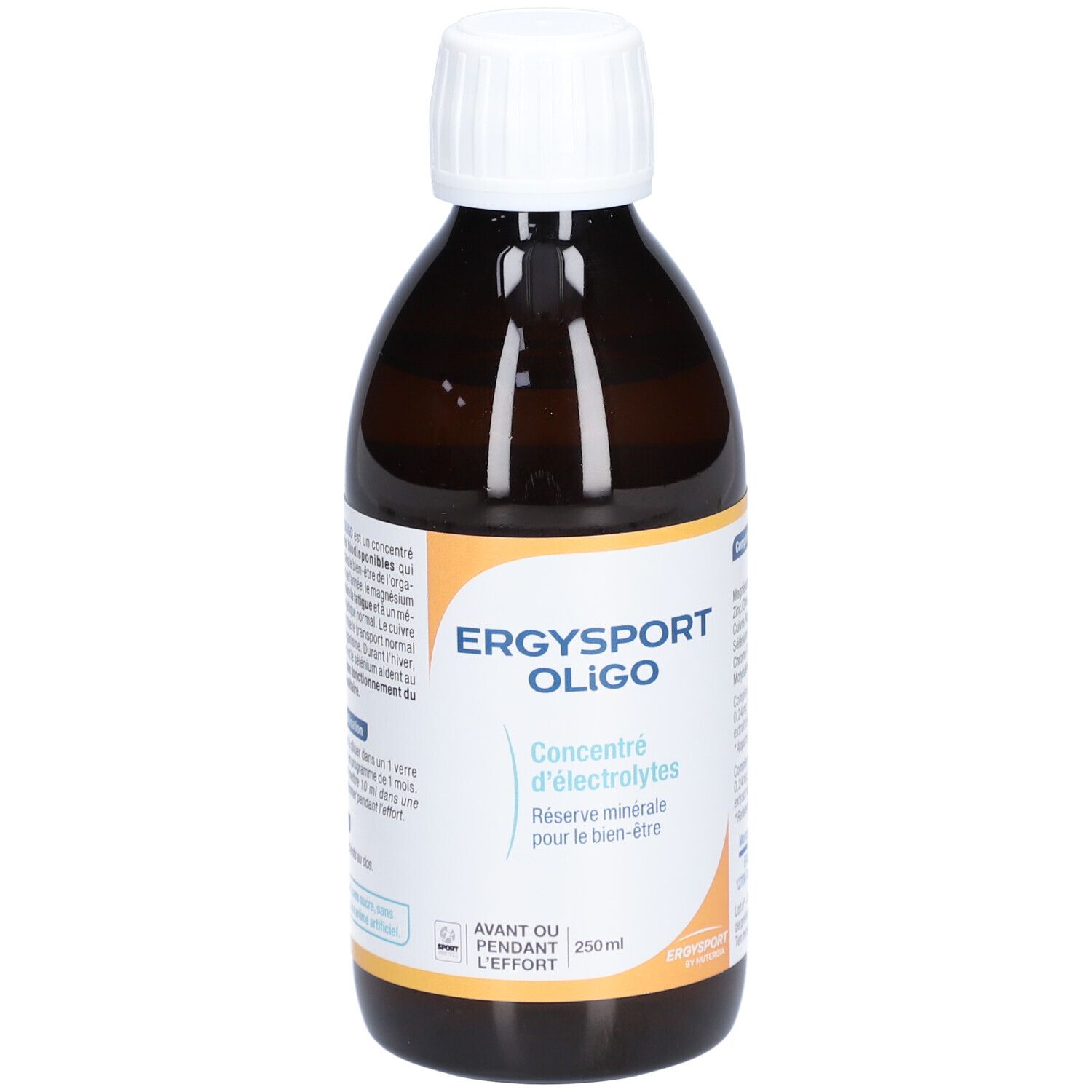 Flacon brun avec bouchon blanc. Inscription : Ergysport Oligo, concentré d'électrolytes. 250 ml. Avant ou pendant l'effort.