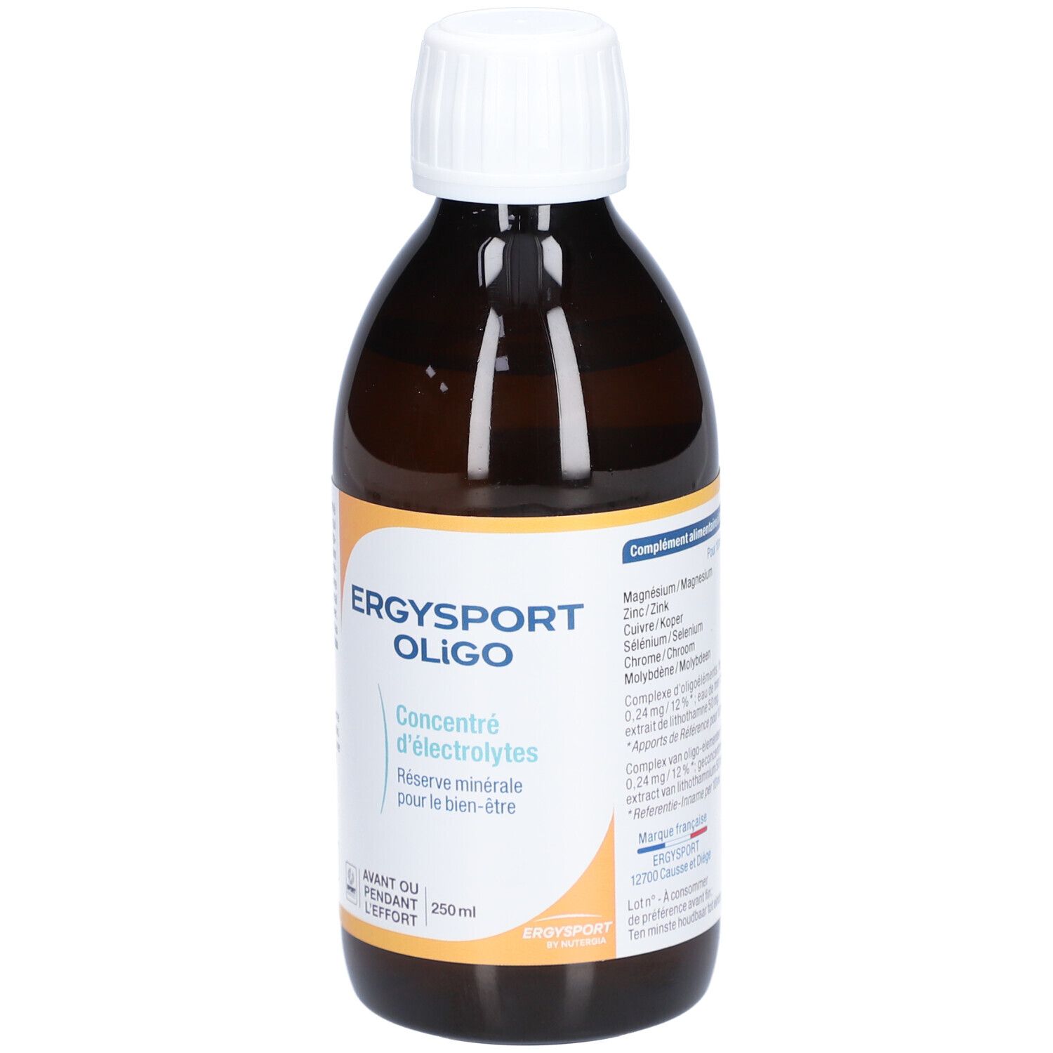 Flacon brun avec bouchon blanc. Inscription : Ergysport Oligo, concentré d'électrolytes. 250 ml. Composition.