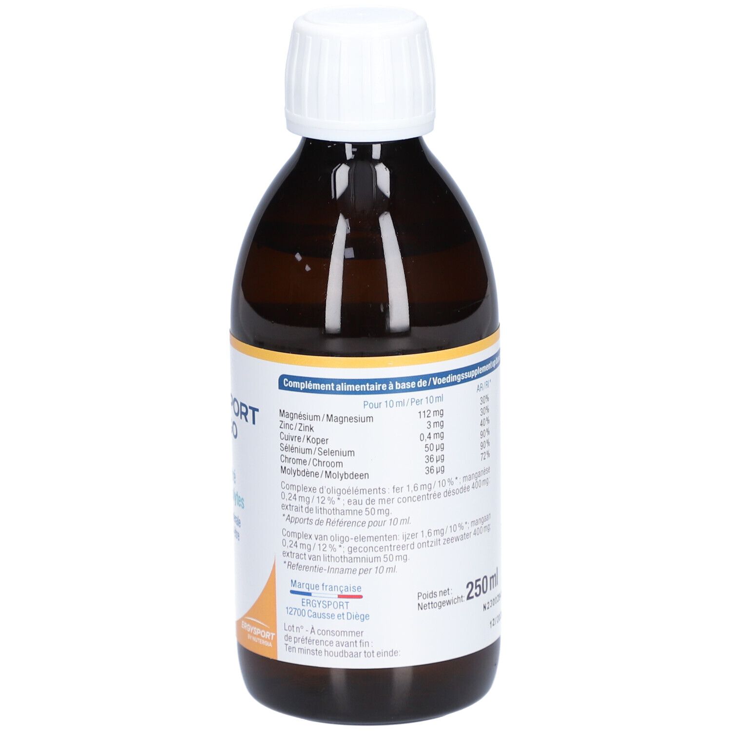 Flacon brun avec bouchon blanc. Dos avec informations nutritionnelles pour 10 ml. 250 ml. Marque : Ergysport.