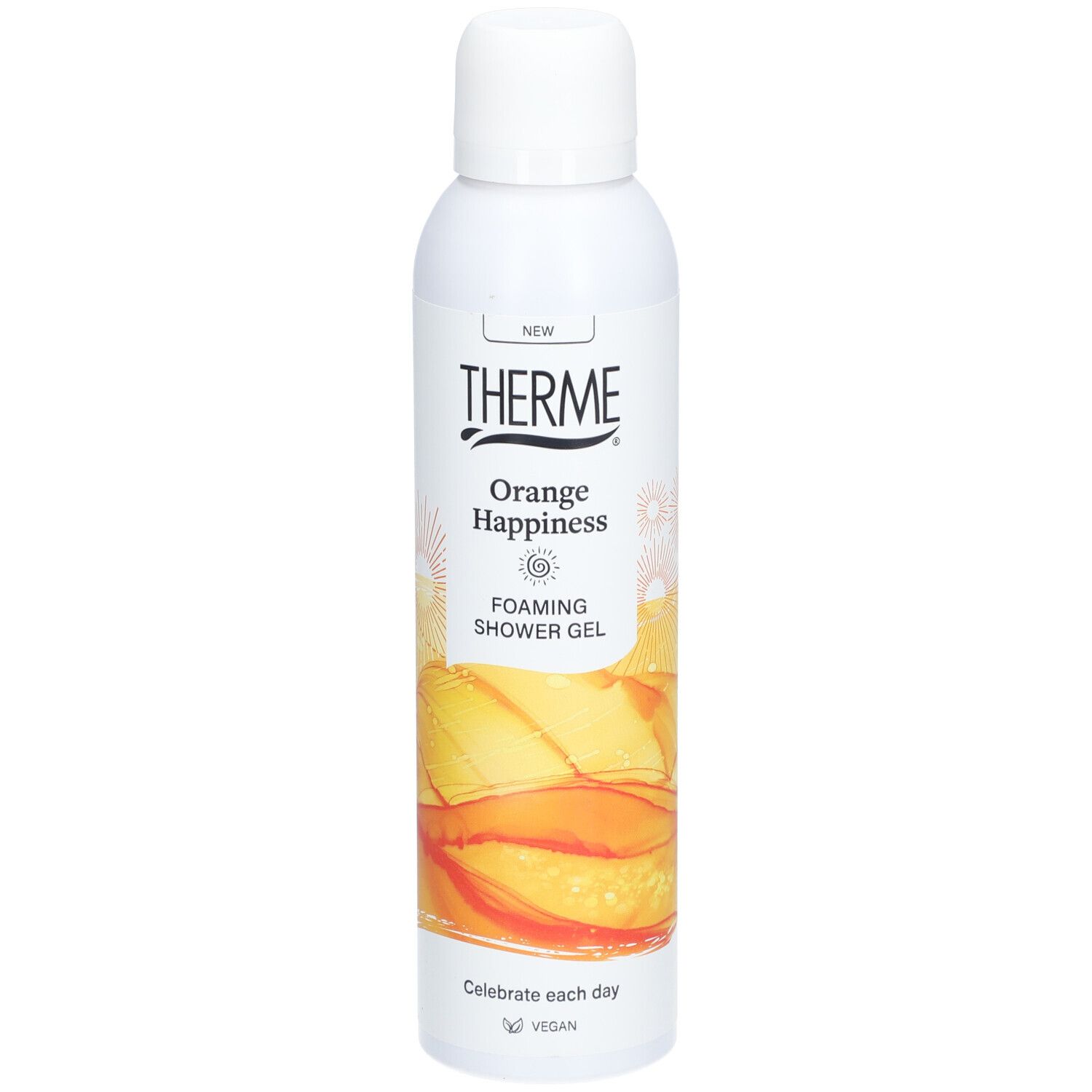 Weißes THERME Duschgel mit orangefarbenem Design. Aufschrift: Orange Happiness FOAMING SHOWER GEL. Vegan.