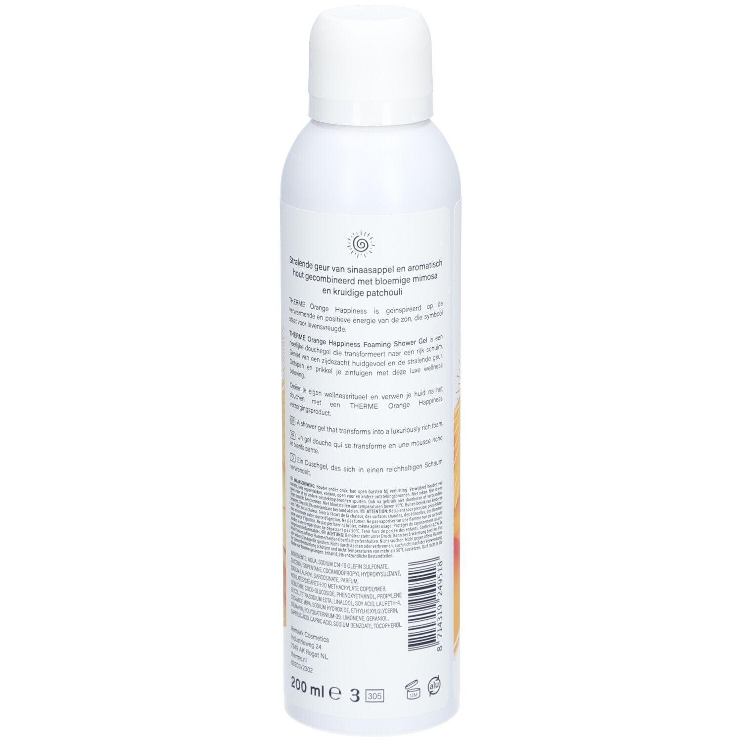 Weißes THERME Duschgel, Rückansicht. Text in mehreren Sprachen. Orangefarbenes Design. 200 ml. Vegan.