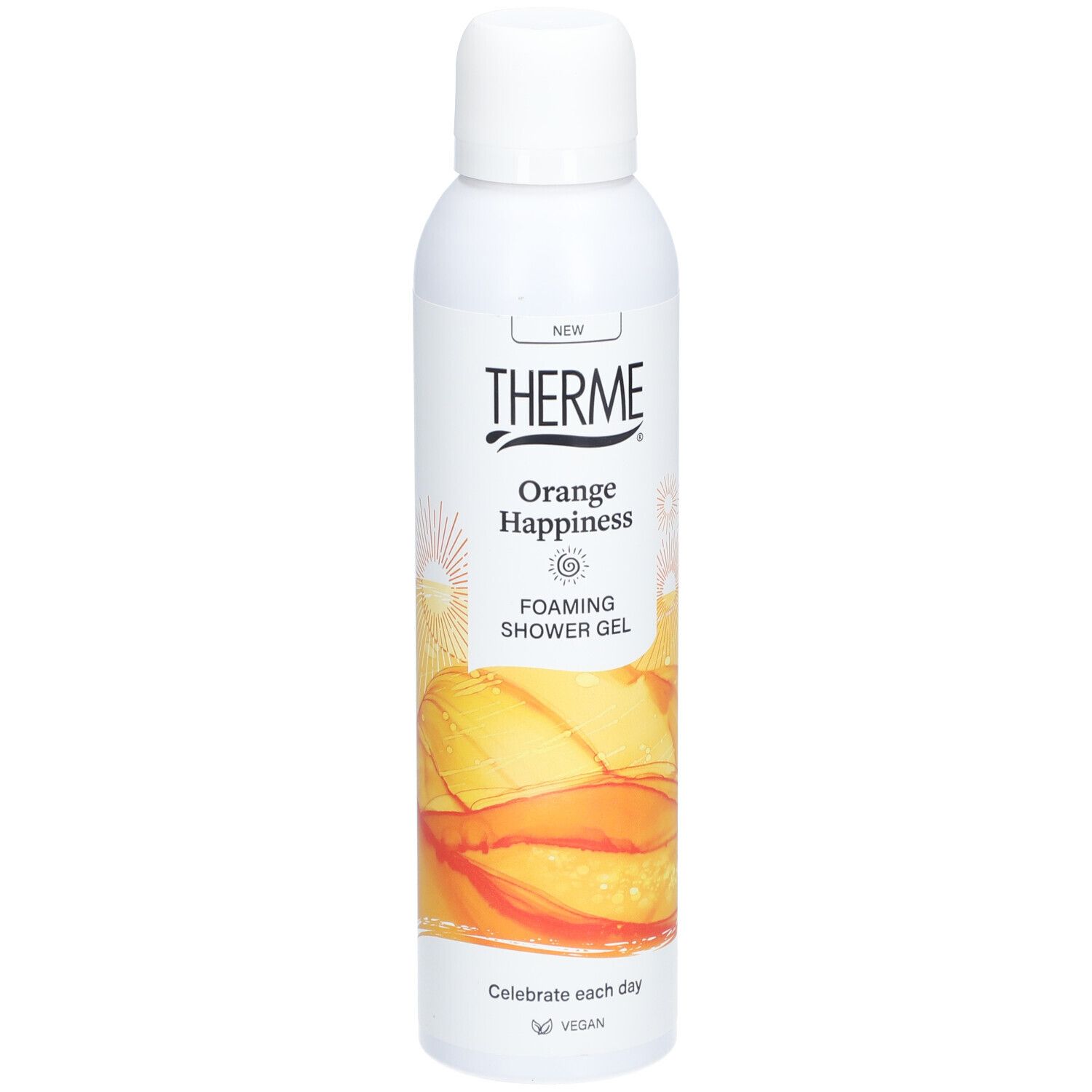 Weißes THERME Duschgel mit orangefarbenem Design. Aufschrift: Orange Happiness FOAMING SHOWER GEL. Vegan.