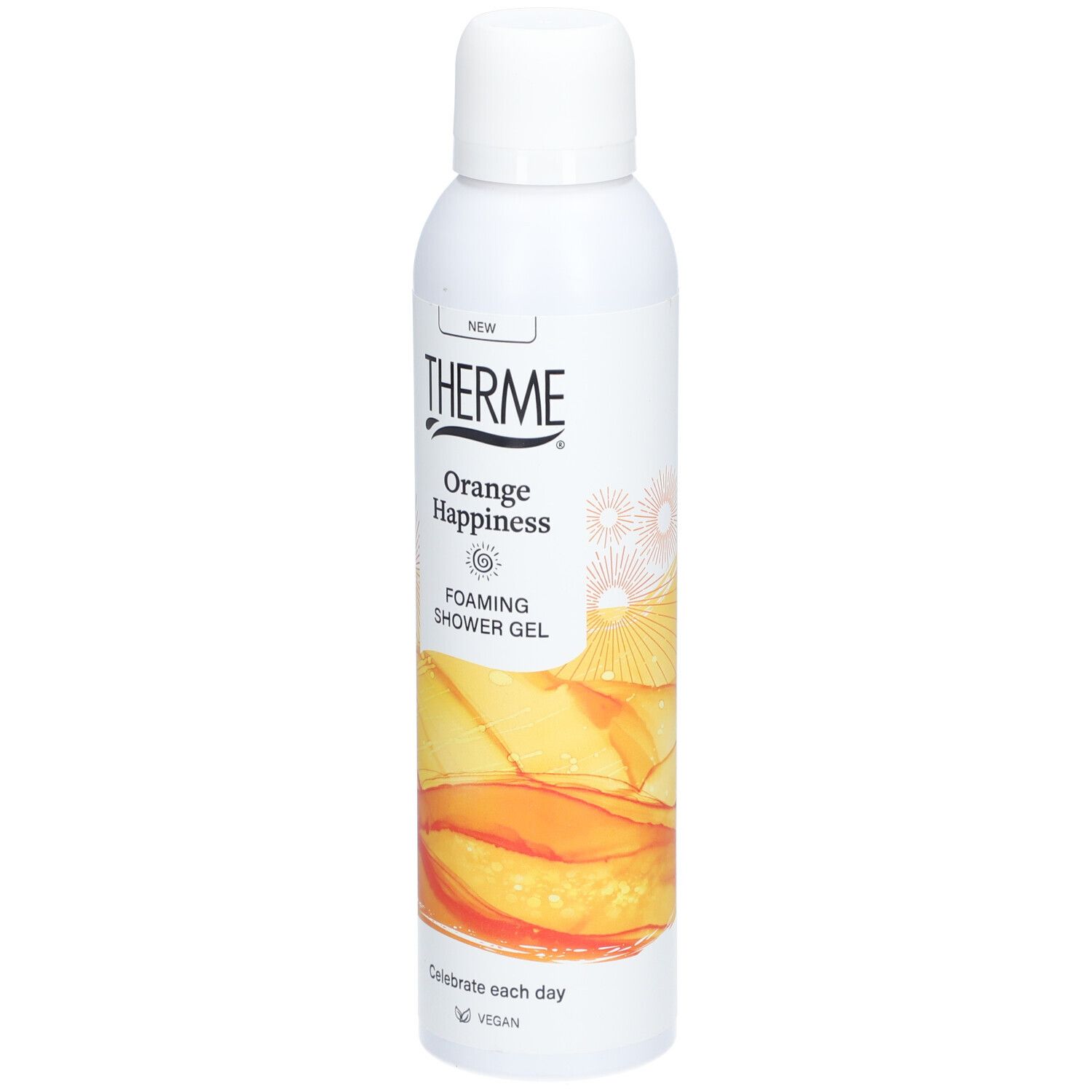 Weißes THERME Duschgel mit orangefarbenem Design. Aufschrift: Orange Happiness FOAMING SHOWER GEL. Vegan.