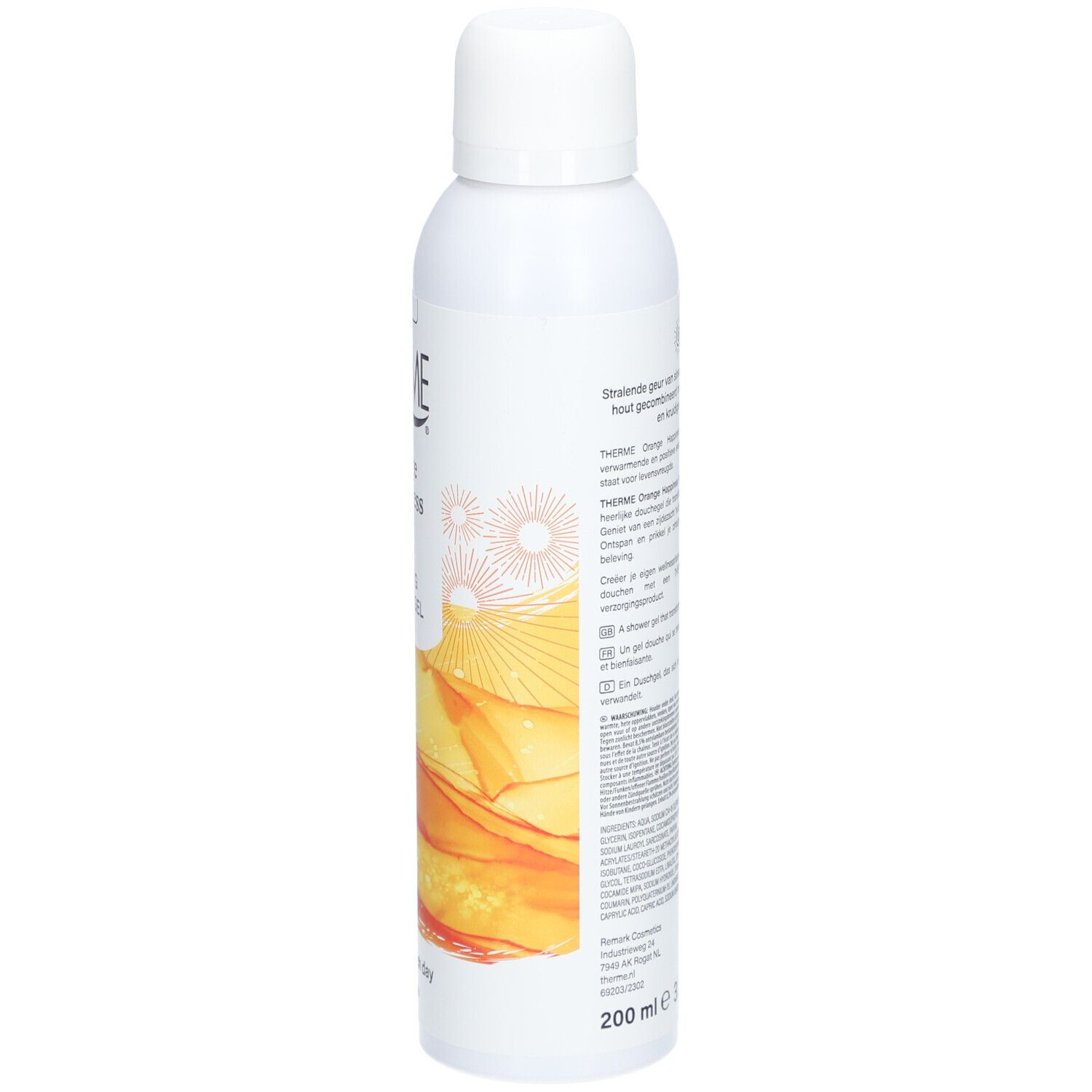 Weißes THERME Duschgel, Seitenansicht. Text und orangefarbenes Design. Vegan. 200 ml.