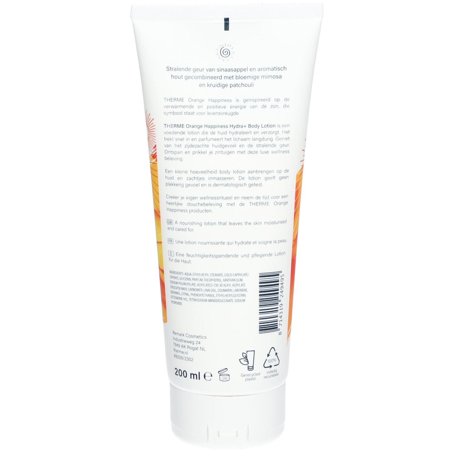 Rückseite der Tube THERME Orange Happiness HYDRA+ BODY LOTION. Text und Illustrationen. 200 ml.