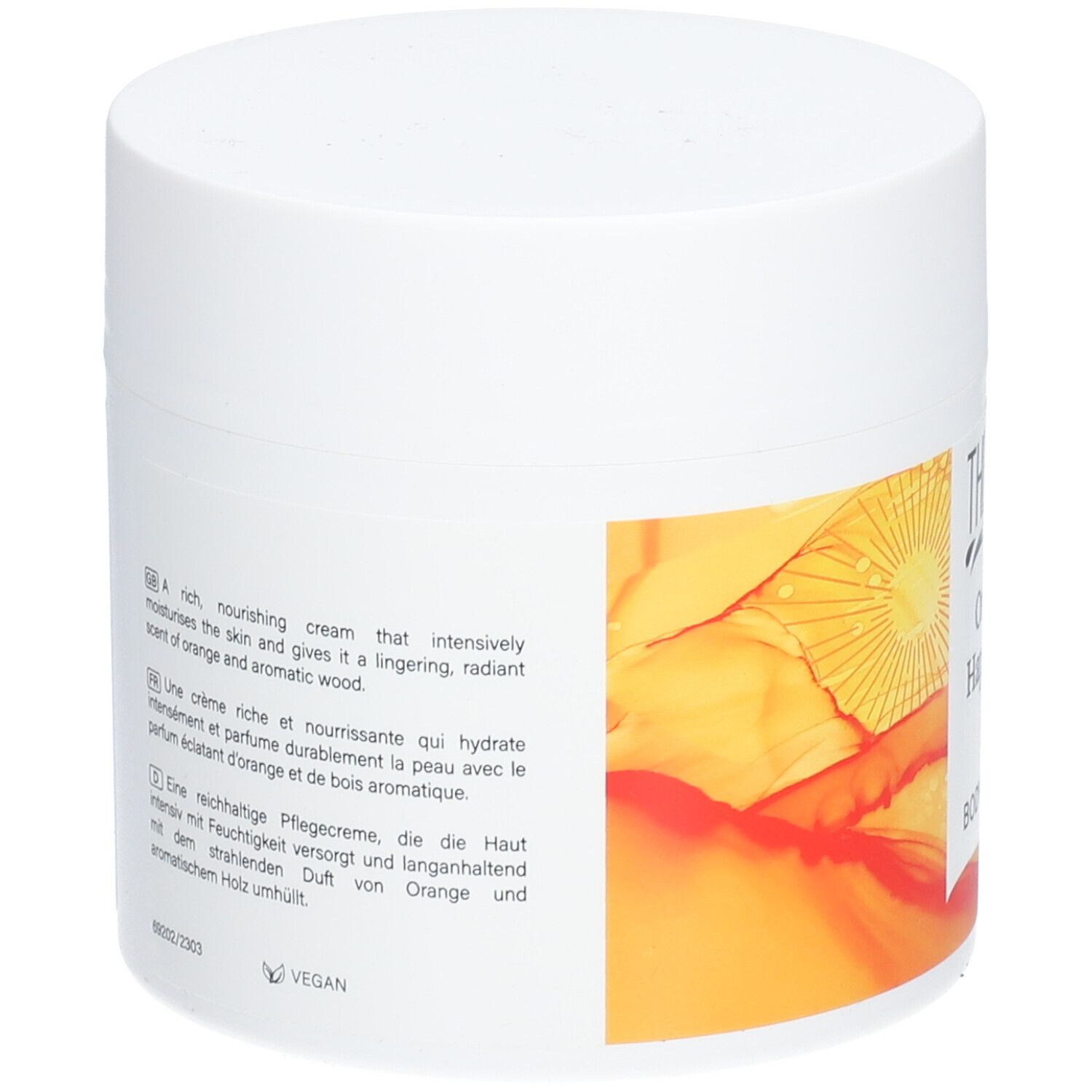 Weißer Tiegel mit THERME Orange Happiness BODY BUTTER. Gelb-oranges Design. Text auf der Rückseite.