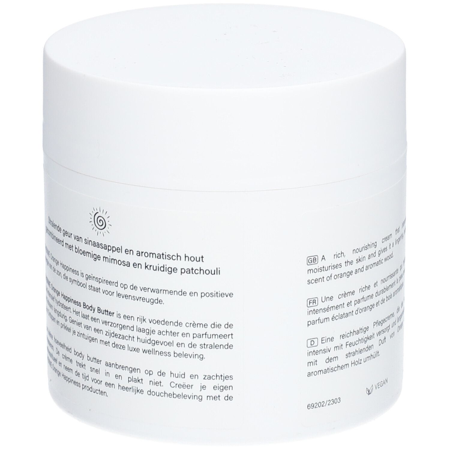 Weißer Tiegel mit THERME Orange Happiness BODY BUTTER. Gelb-oranges Design. Text auf der Rückseite.