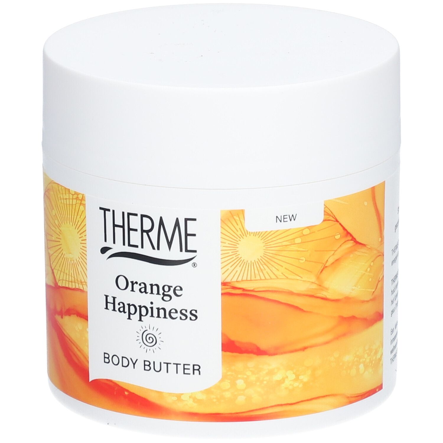Weißer Tiegel mit THERME Orange Happiness BODY BUTTER. Gelb-oranges Design. Aufschrift: NEW.