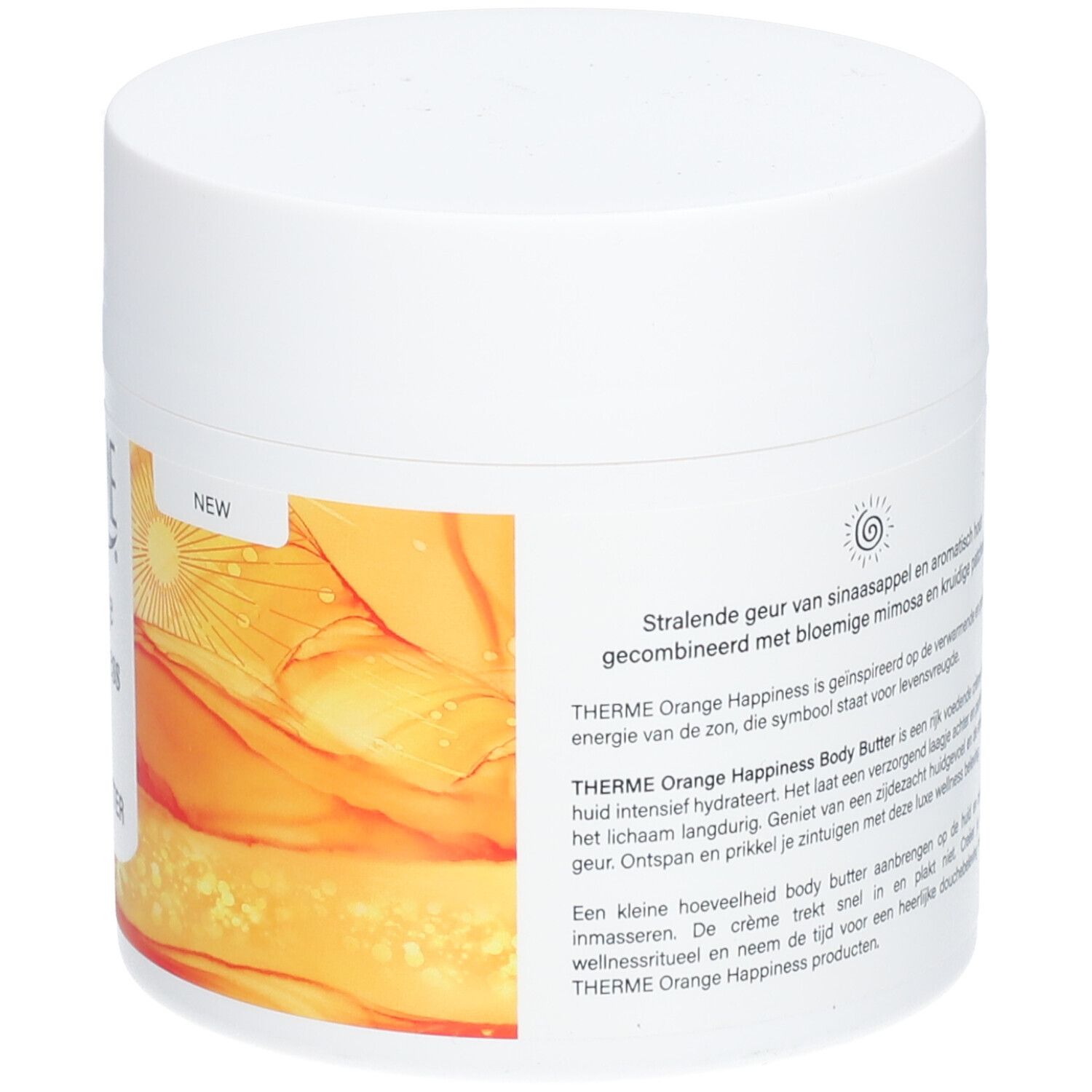Weißer Tiegel mit THERME Orange Happiness BODY BUTTER. Gelb-oranges Design. Aufschrift: NEW.