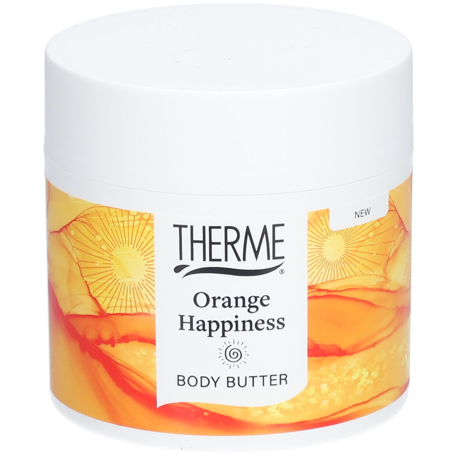 Weißer Tiegel mit THERME Orange Happiness BODY BUTTER. Gelb-oranges Design. Aufschrift: NEW.
