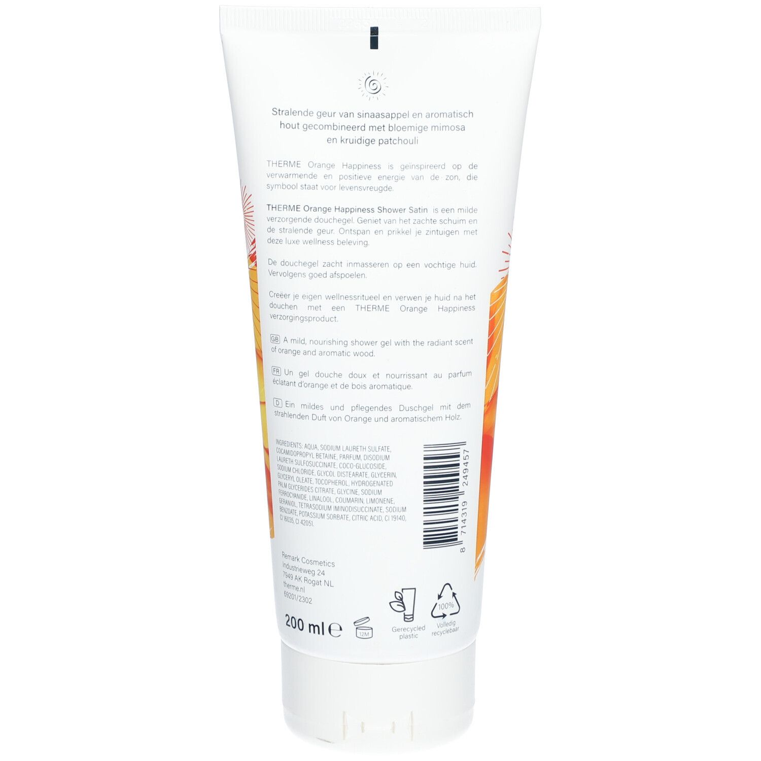 Rückseite der Tube. Text in mehreren Sprachen. Enthält Informationen über das Produkt und Inhaltsstoffe. 200 ml.