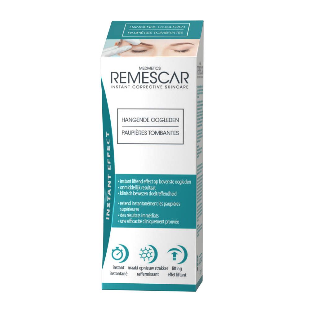 Remescar verpakking. Blauwe doos met productnaam en beschrijving. Direct effect.