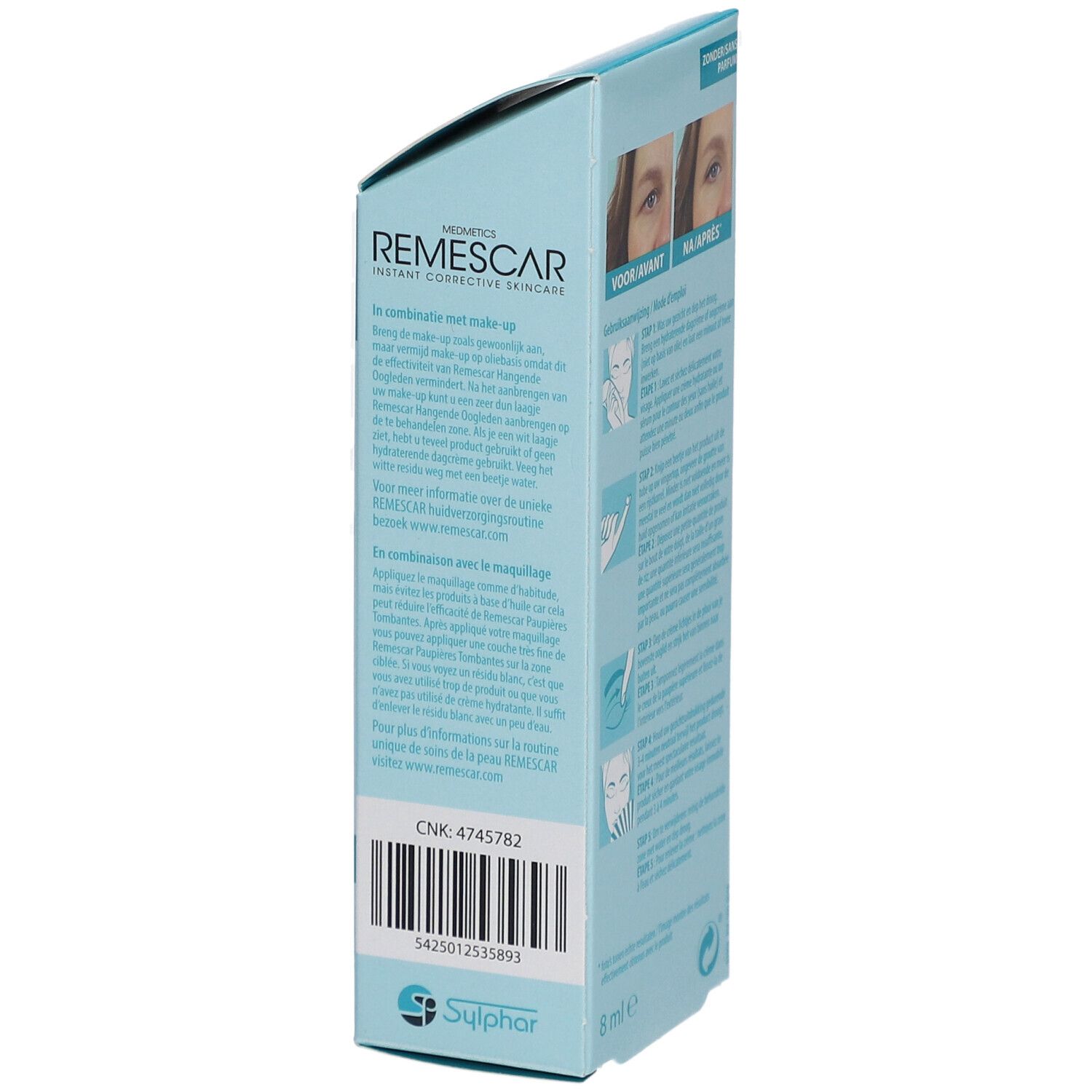 Remescar verpakking. Blauwe doos met productinfo en barcode. Bevat 8 ml.