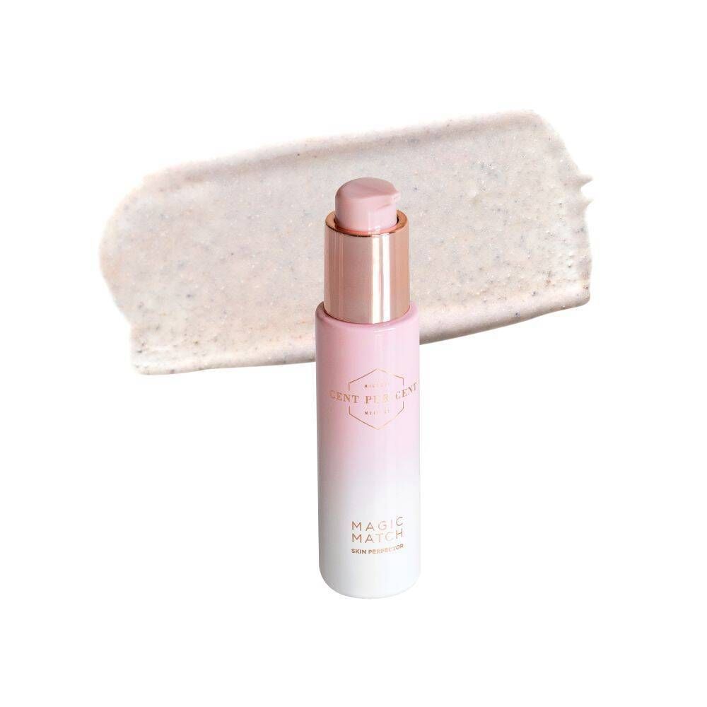 Roze-witte fles met gouden dop en een veeg. Opschrift: MAGIC MATCH.