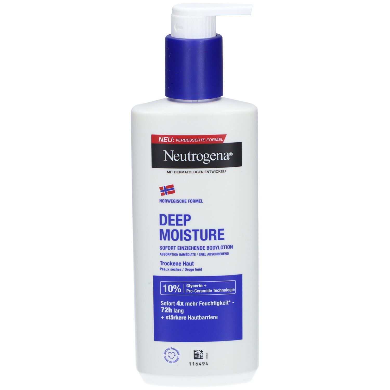 Witte fles met blauwe dop en pomp. Tekst: Deep Moisture, snel absorberende bodylotion.