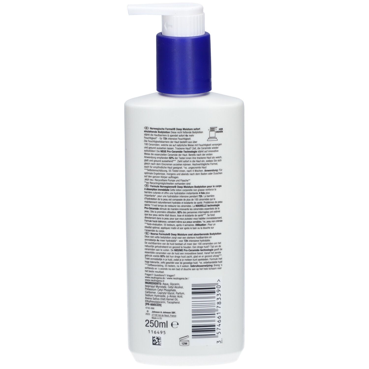 Achterkant van de witte fles. Tekst: Deep Moisture, ingrediënten, gebruiksaanwijzing, fabrikantinfo.