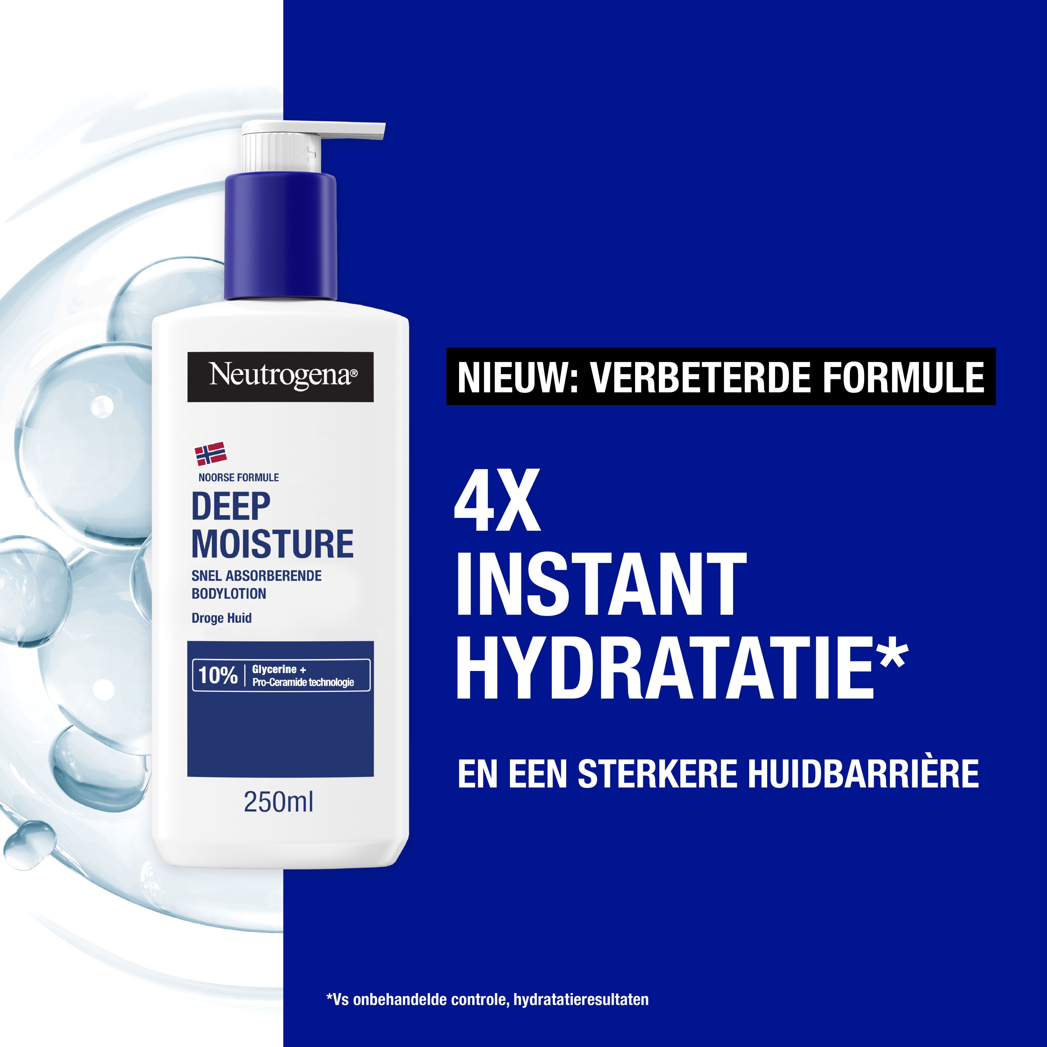 Reclamebeeld. Tekst: Nieuw: verbeterde formule, 4x instant hydratatie, sterkere huidbarrière.