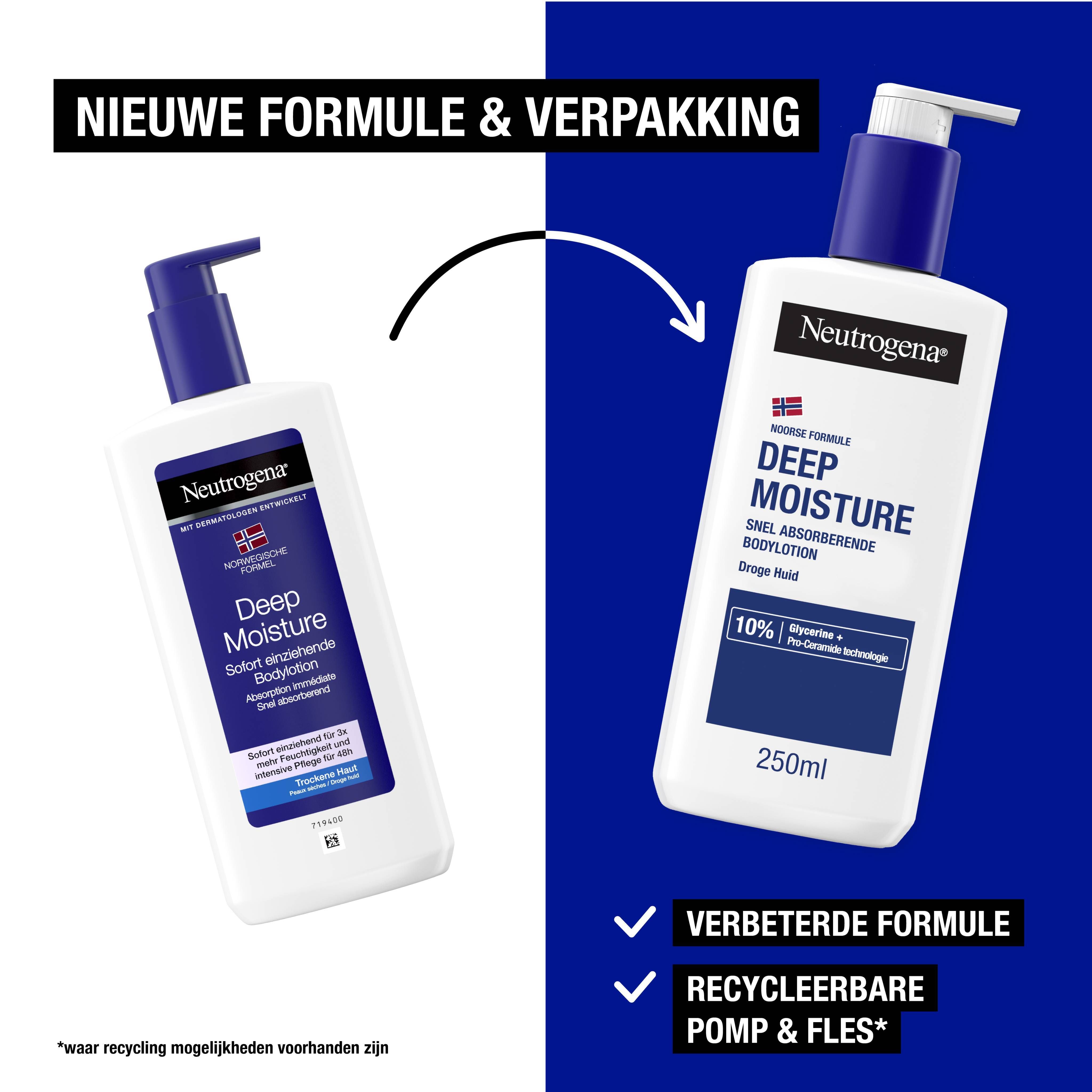 Vergelijking. Tekst: Nieuwe formule & verpakking. Verbeterde formule, recyclebare pomp & fles.