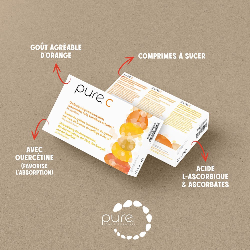 Deux emballages "pure C". Texte en allemand, néerlandais et français. Avec quercétine. Goût agréable d'orange.