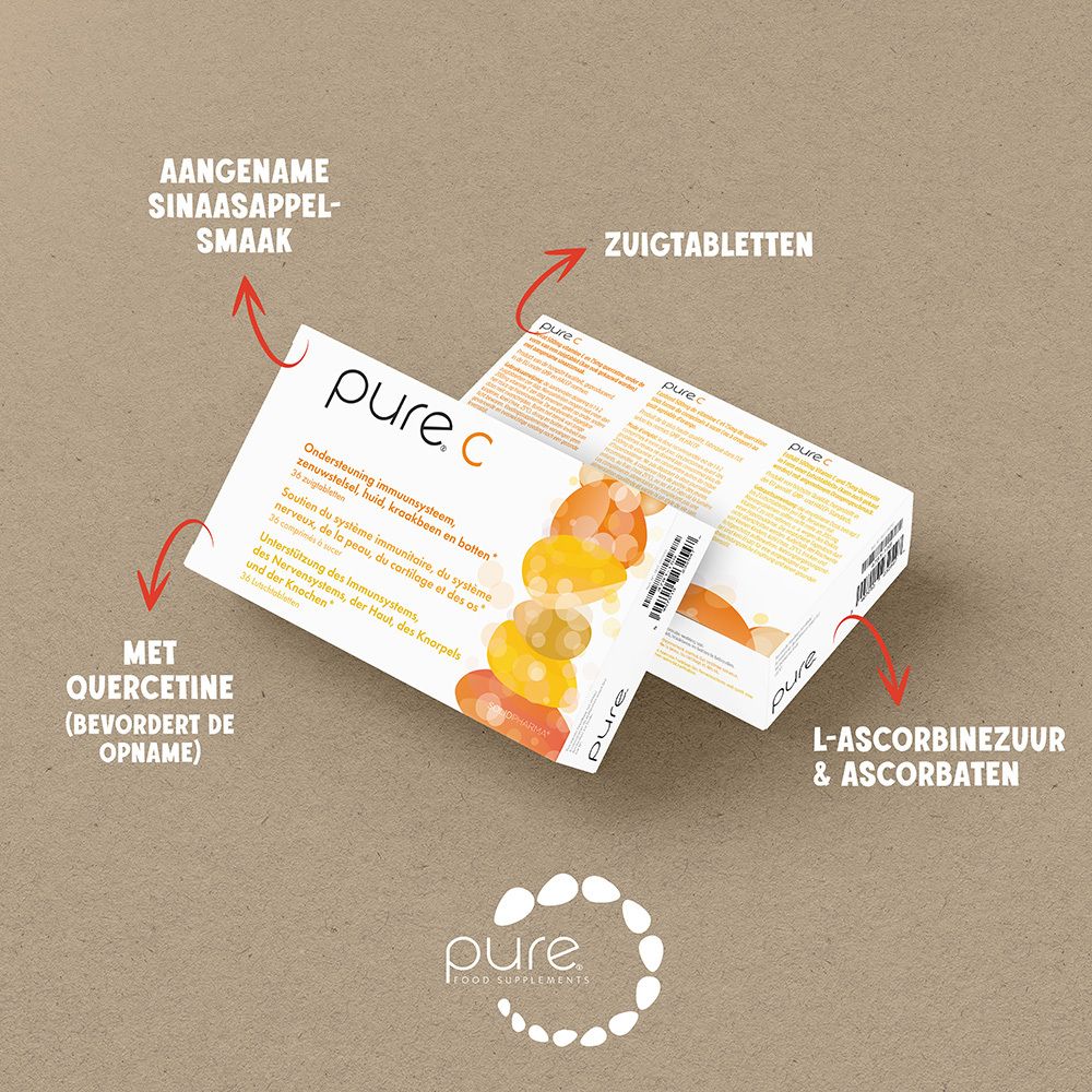 Twee "pure C" verpakkingen. Tekst in het Duits, Nederlands en Frans. Met quercetine. Aangename sinaasappelsmaak.