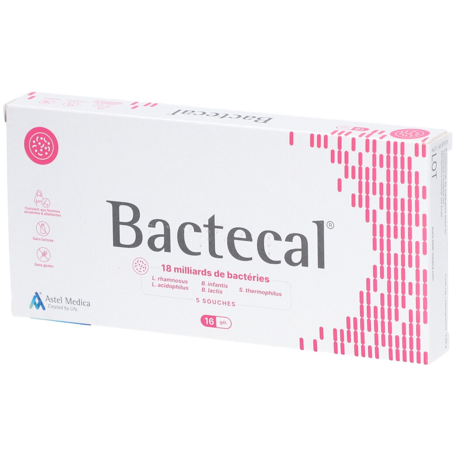 Witte doos met "Bactecal" logo, roze designelementen en productinformatie. Bevat 16 capsules.