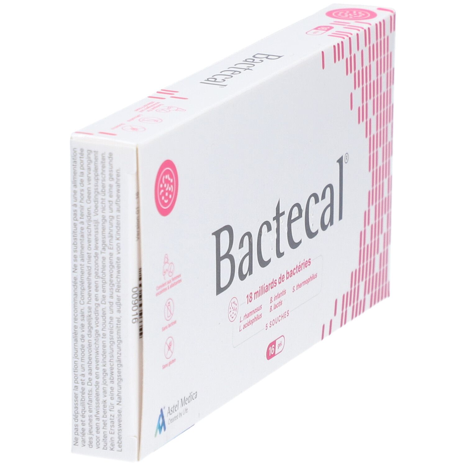 Witte "Bactecal" doos met logo, roze design en productinformatie. Zijaanzicht.