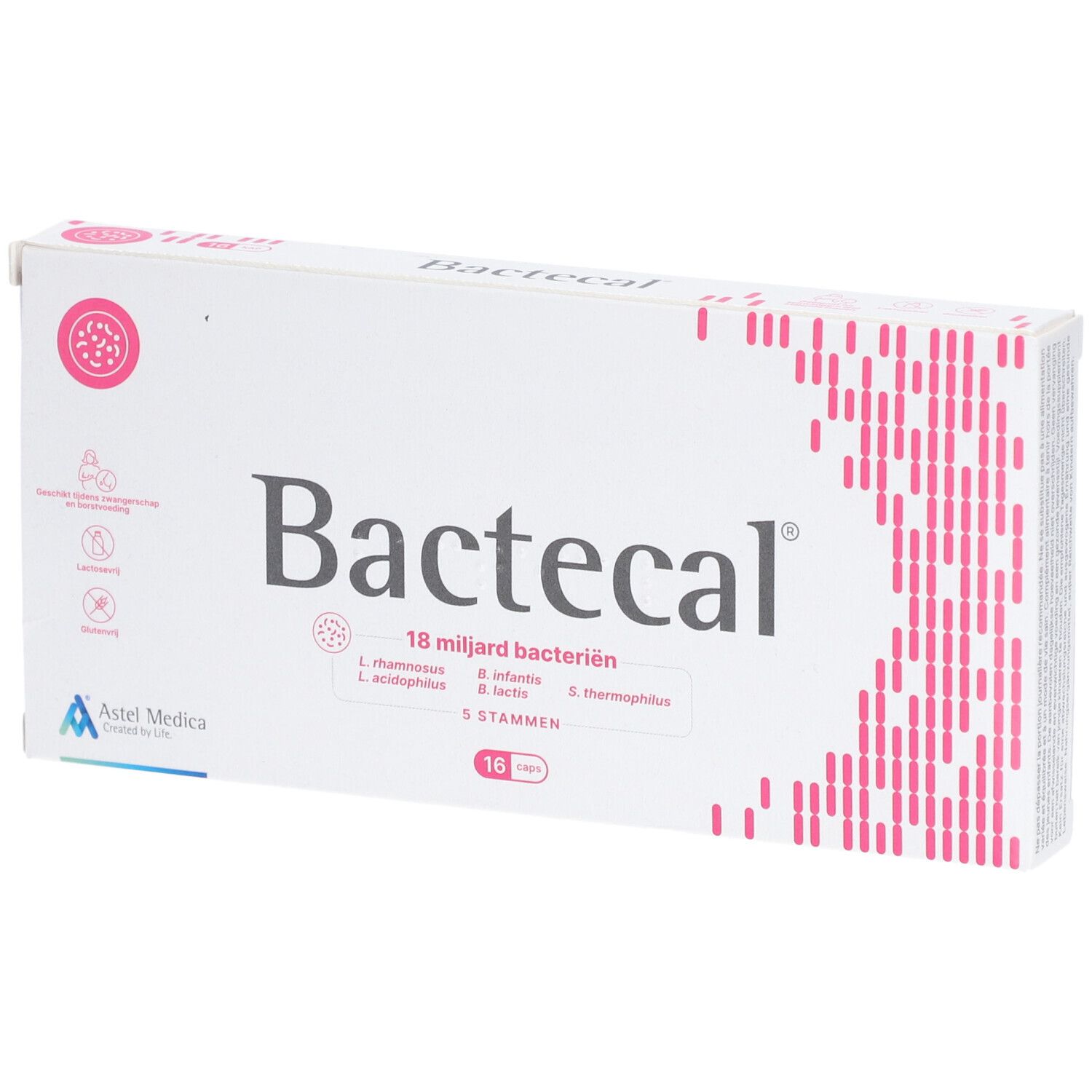 Witte "Bactecal" doos met logo, roze design en productinformatie. Bevat 16 capsules.