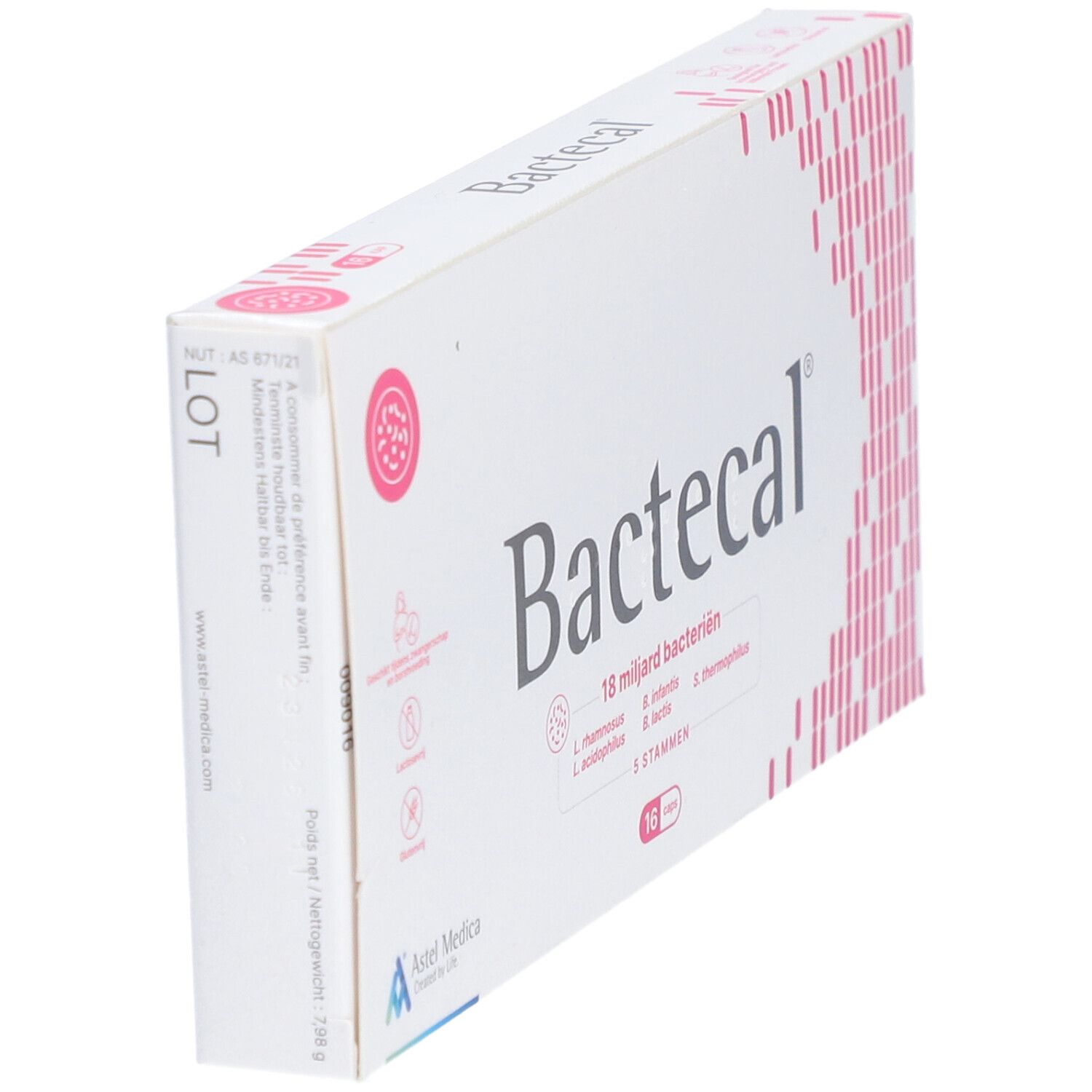 Witte "Bactecal" doos met logo, roze design en productinformatie. Zijaanzicht met lotnummer.