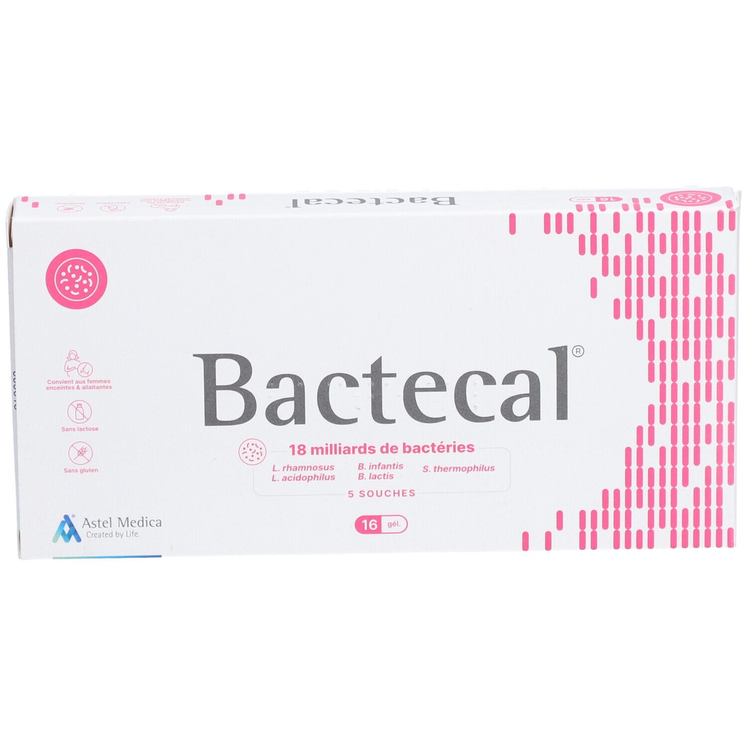 Witte "Bactecal" doos met logo, roze design en productinformatie. Bevat 16 capsules.