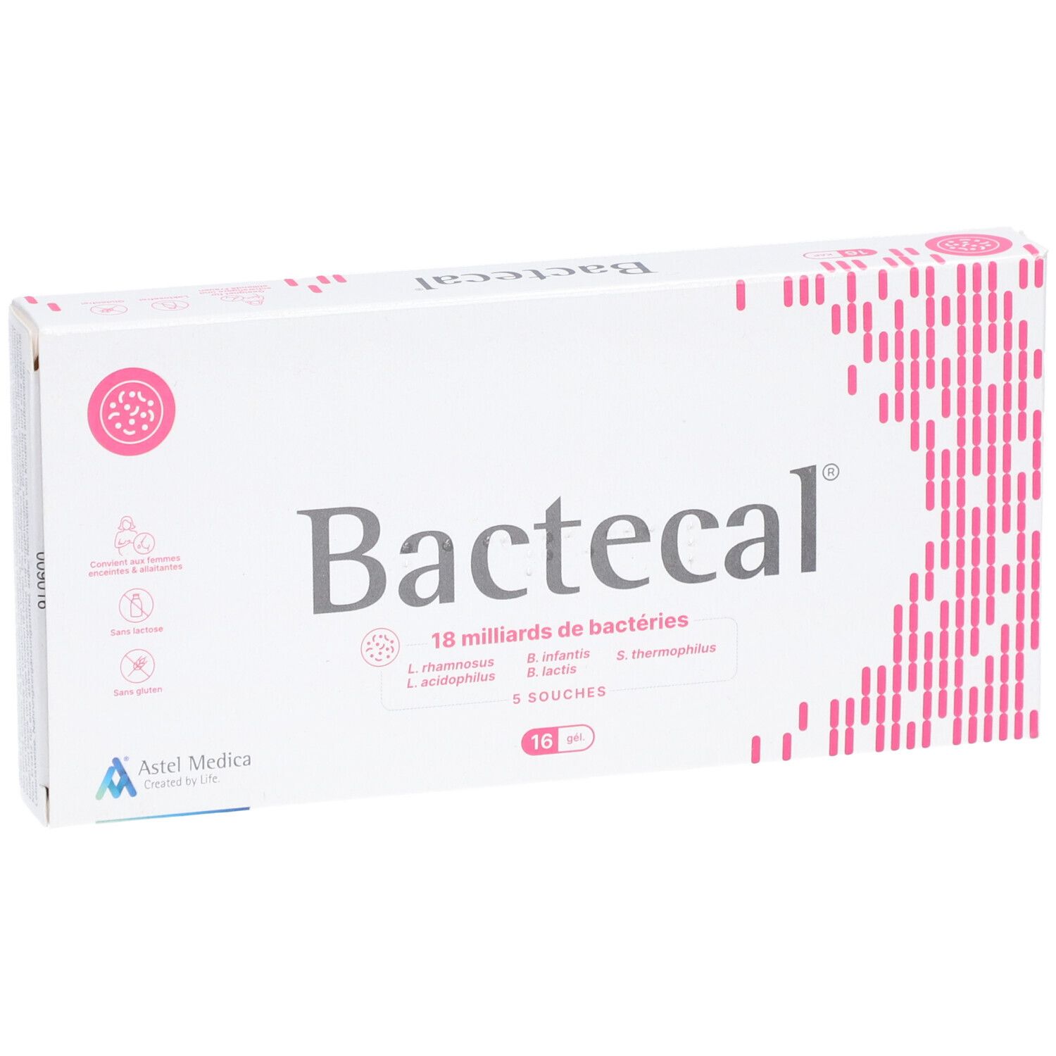 Witte "Bactecal" doos met logo, roze design en productinformatie. Bevat 16 capsules.