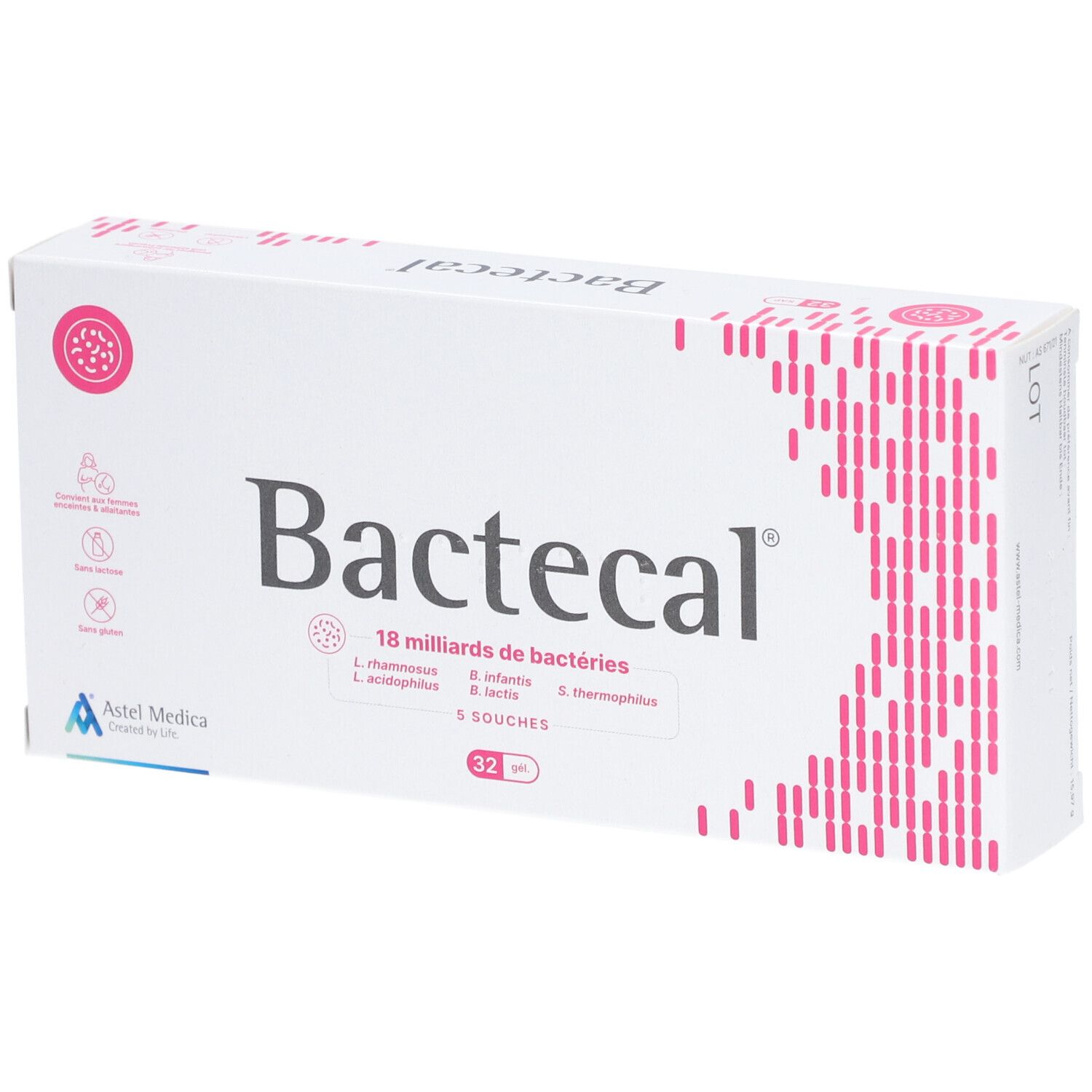 Boîte blanche Bactecal, 18 milliards de bactéries, 32 gélules. Éléments roses.