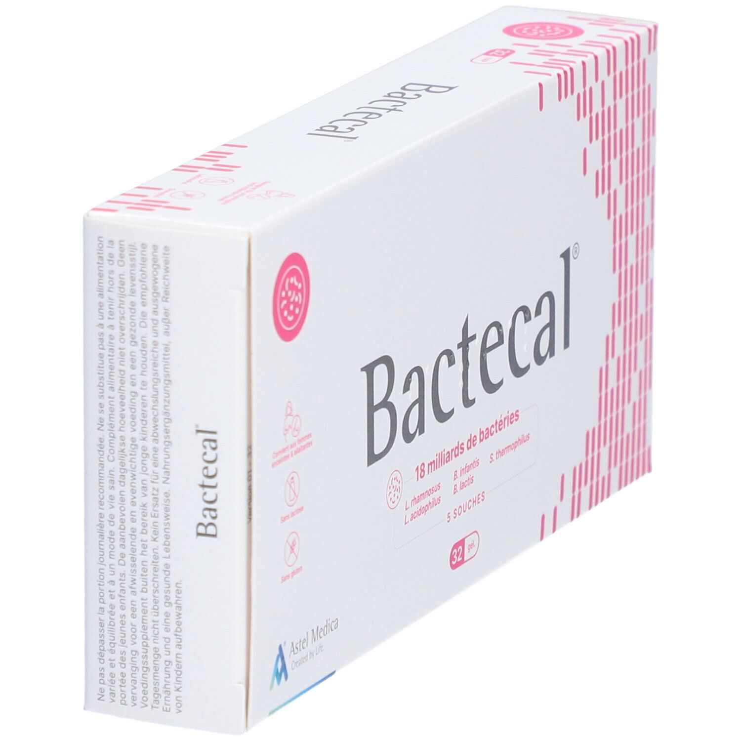 Boîte blanche Bactecal, 18 milliards de bactéries, 32 gélules. Design rose.