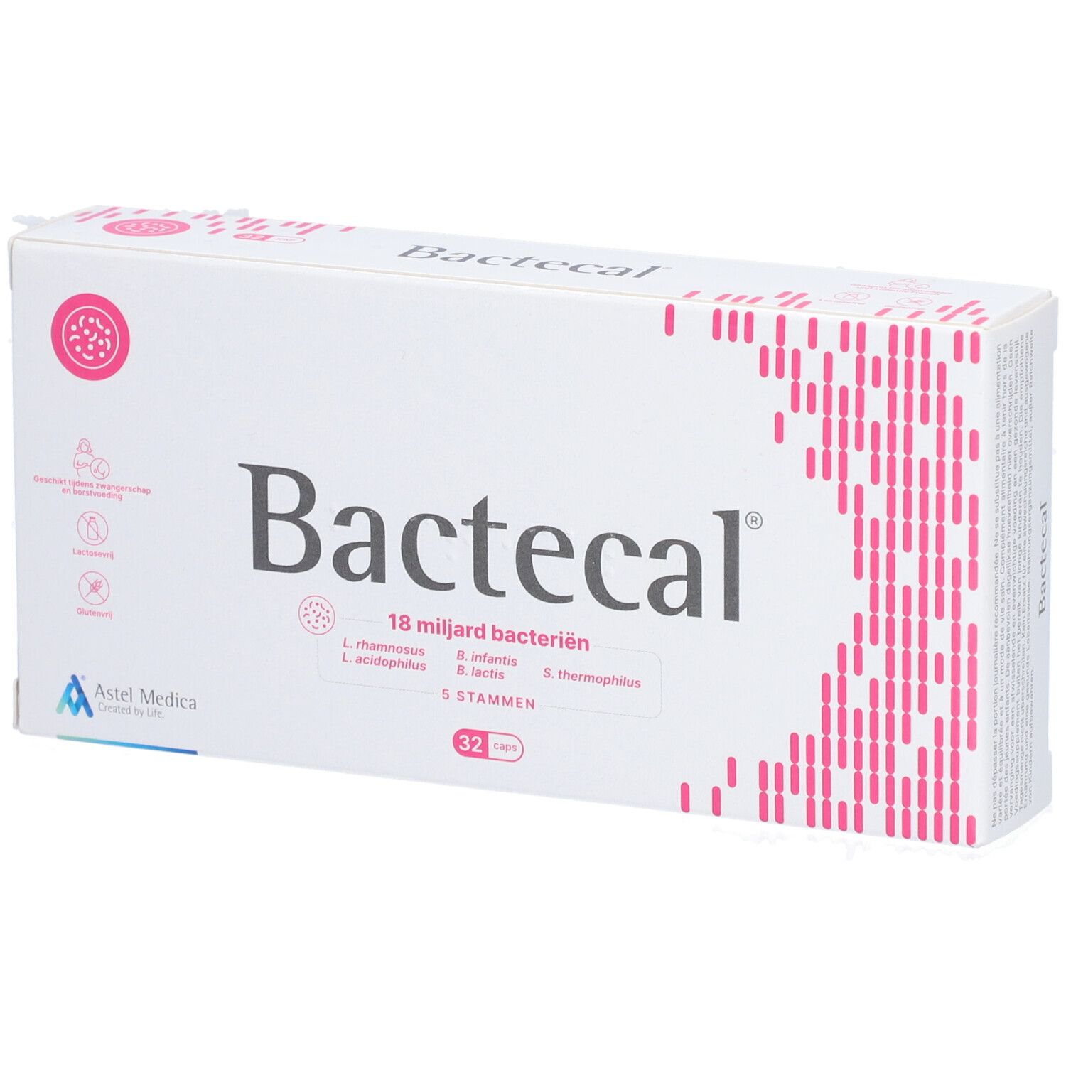 Boîte blanche Bactecal, 18 milliards de bactéries, 32 gélules. Design rose.
