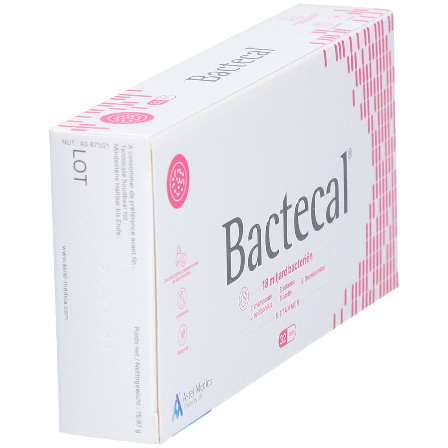 Boîte blanche Bactecal, 18 milliards de bactéries, 32 gélules. Design rose.