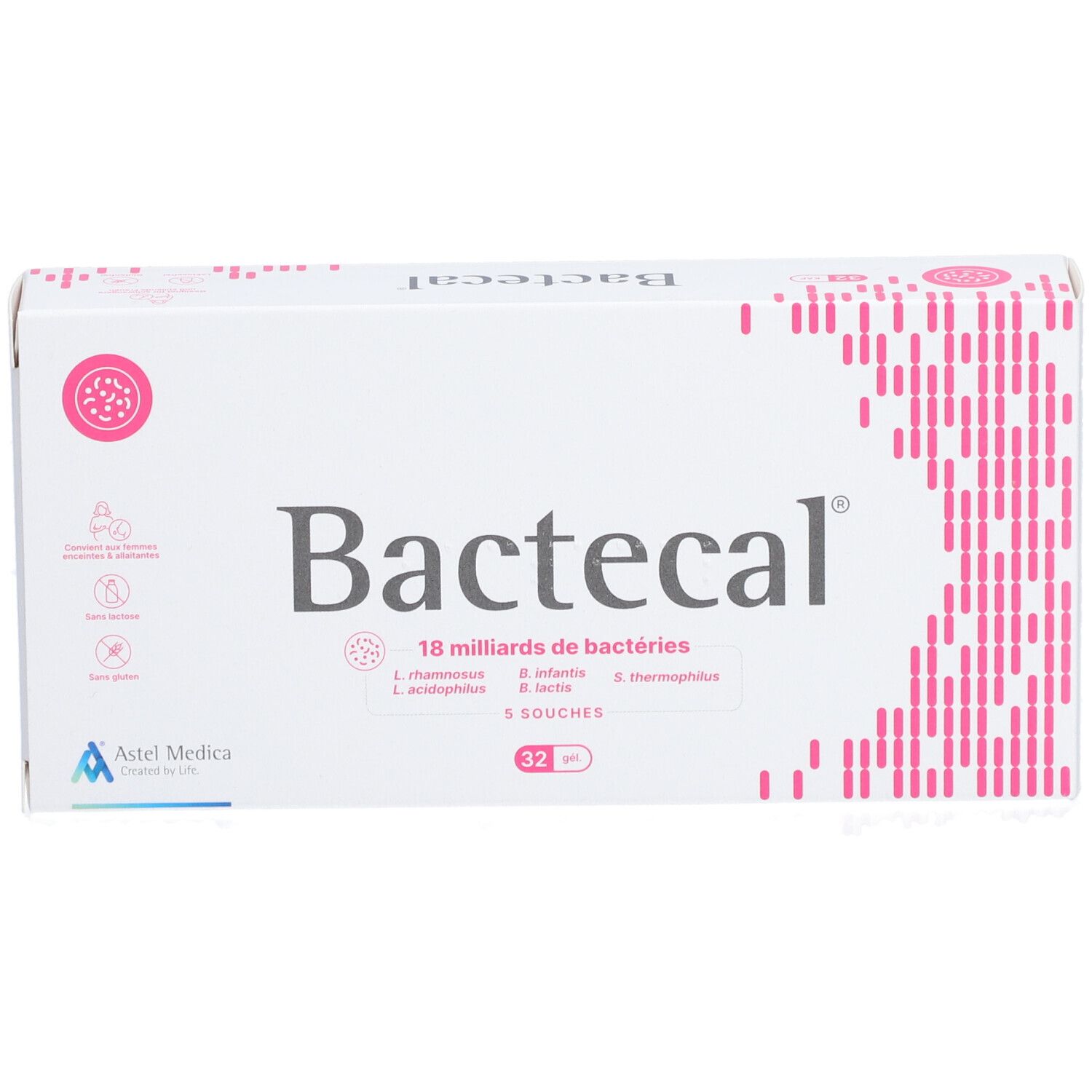 Boîte blanche Bactecal, 18 milliards de bactéries, 32 gélules. Design rose.