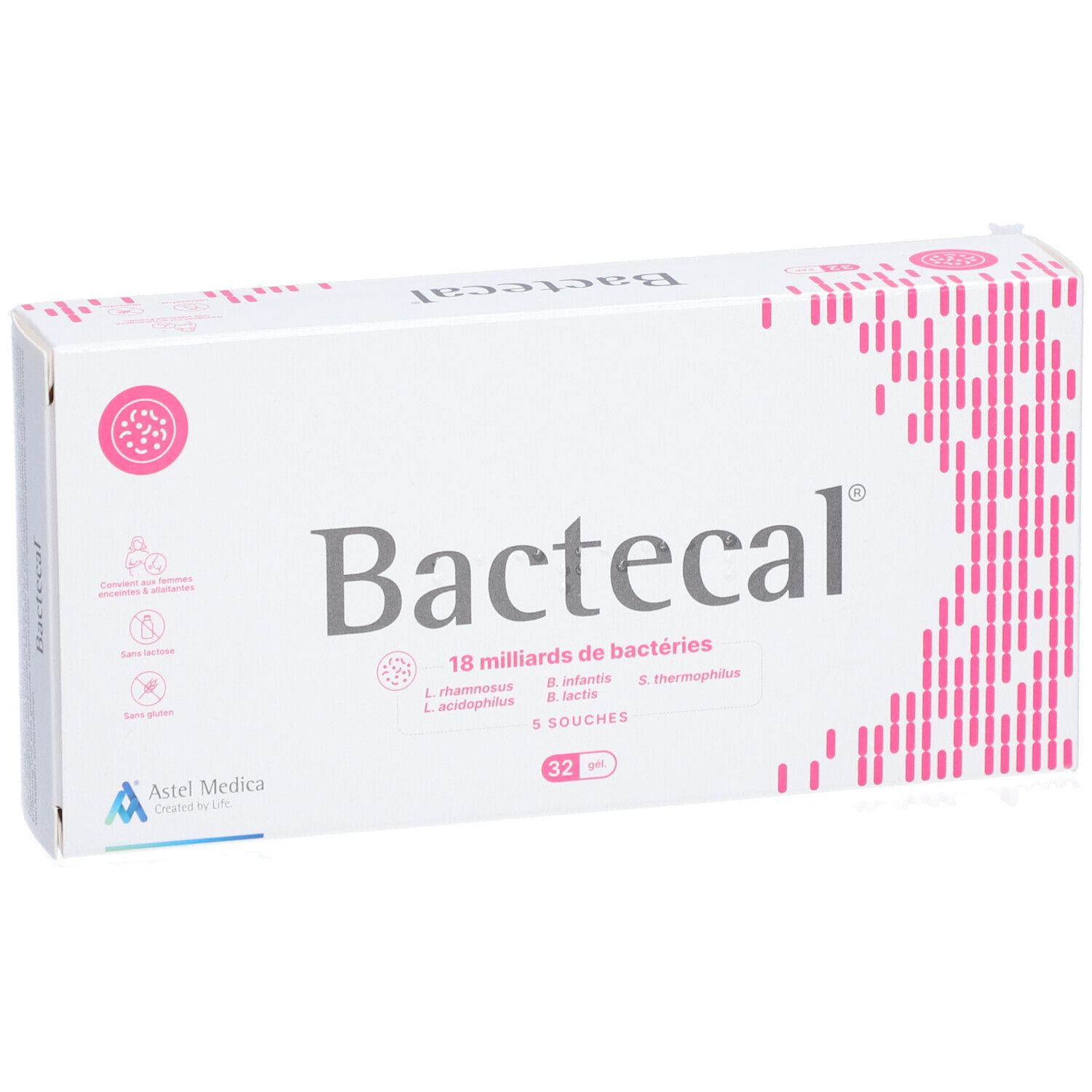 Boîte blanche Bactecal, 18 milliards de bactéries, 32 gélules. Design rose.