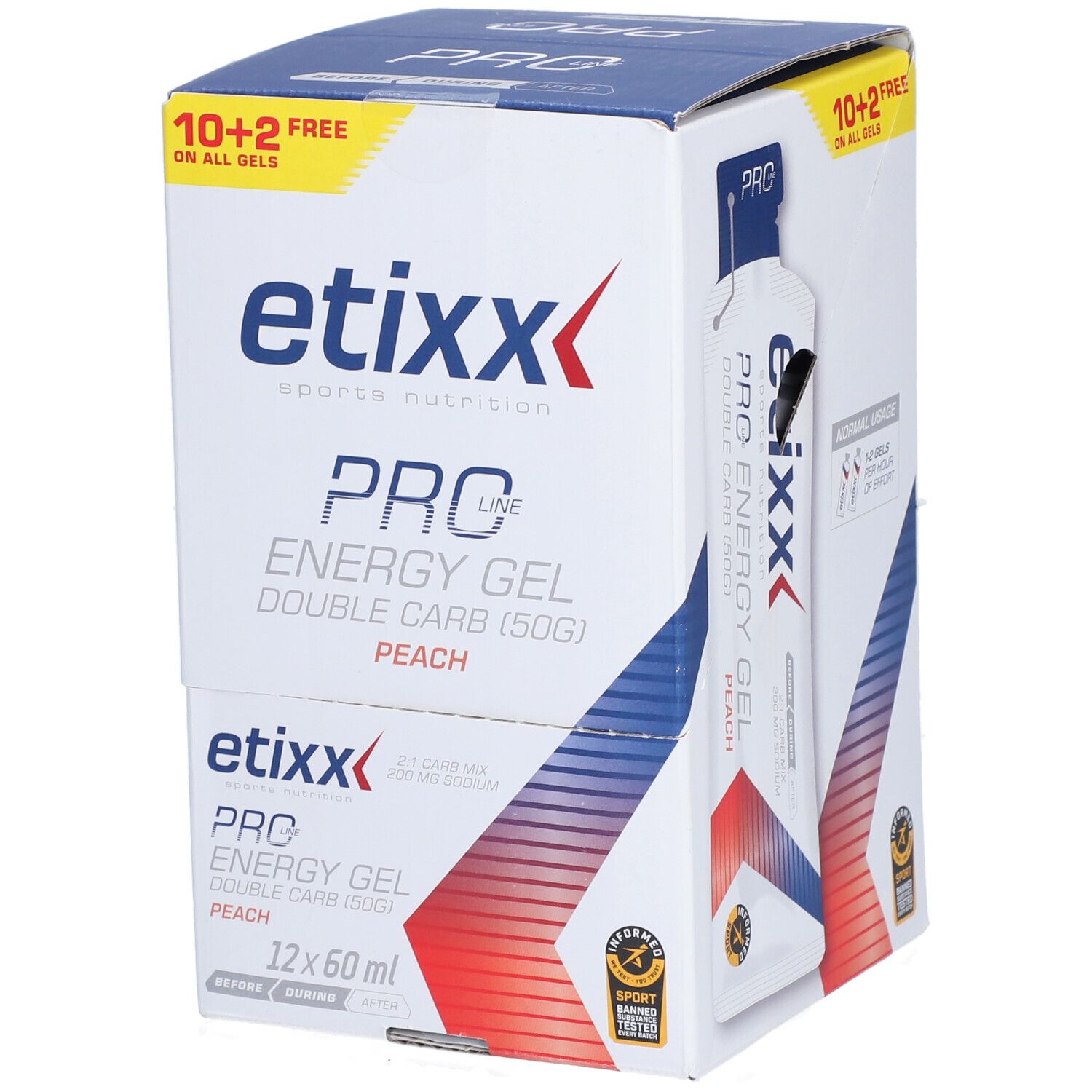 Etixx Pro Line Energy Gel Double Carb Perzik. Doos met gels. 10+2 gratis.