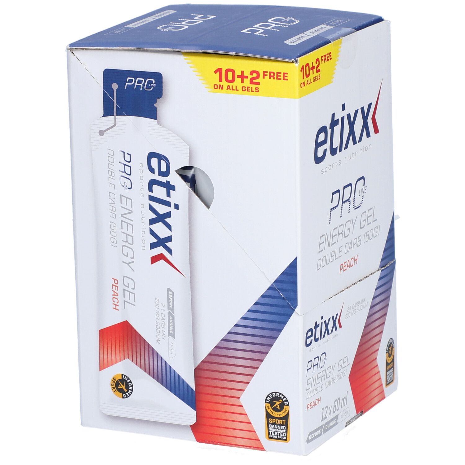 Etixx Pro Line Energy Gel Double Carb Perzik. Doos met gels. 10+2 gratis.