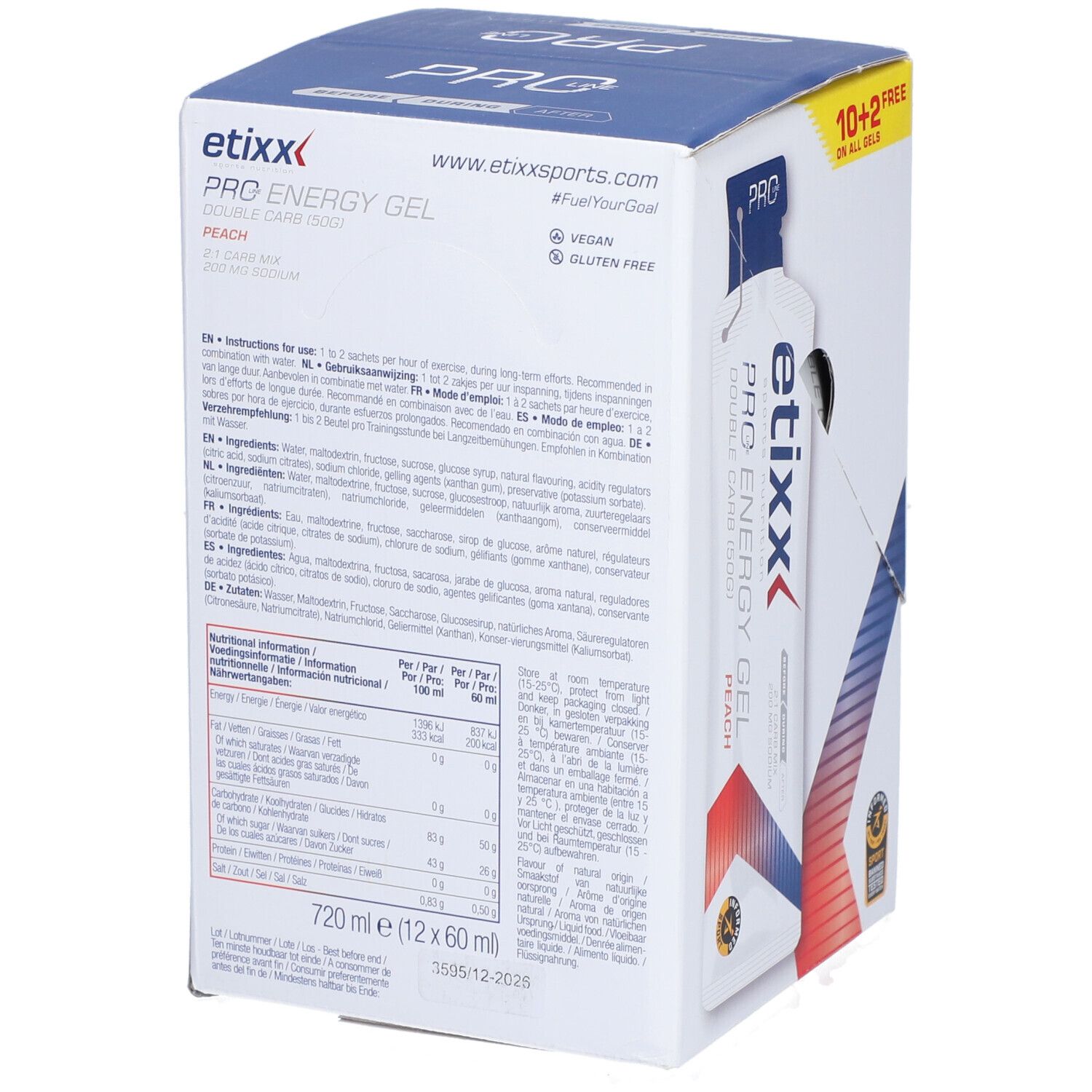 Achterkant van de Etixx Pro Line Energy Gel verpakking. Tekst, voedingswaarde, ingrediënten.