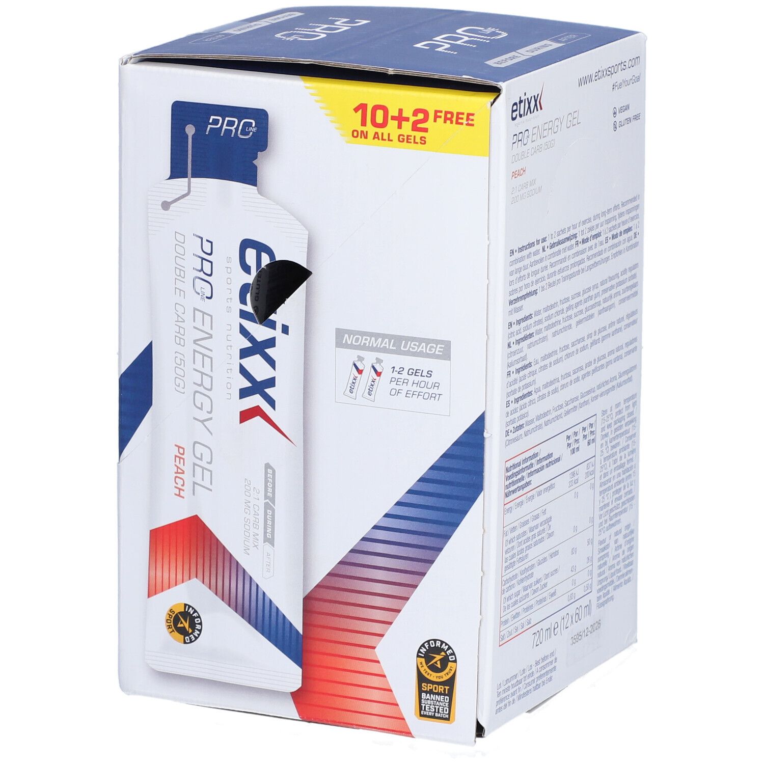 Etixx Pro Line Energy Gel Double Carb Perzik. Verpakking met instructies.
