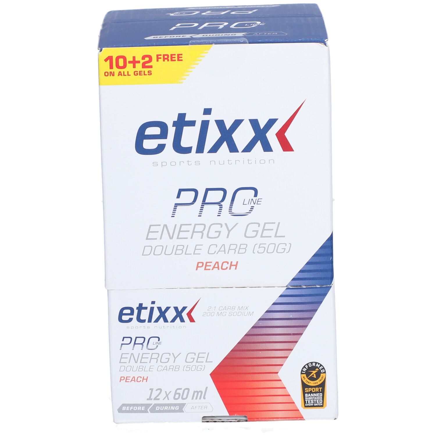 Etixx Pro Line Energy Gel Double Carb Perzik. Doos met gels. 12 x 60 ml.