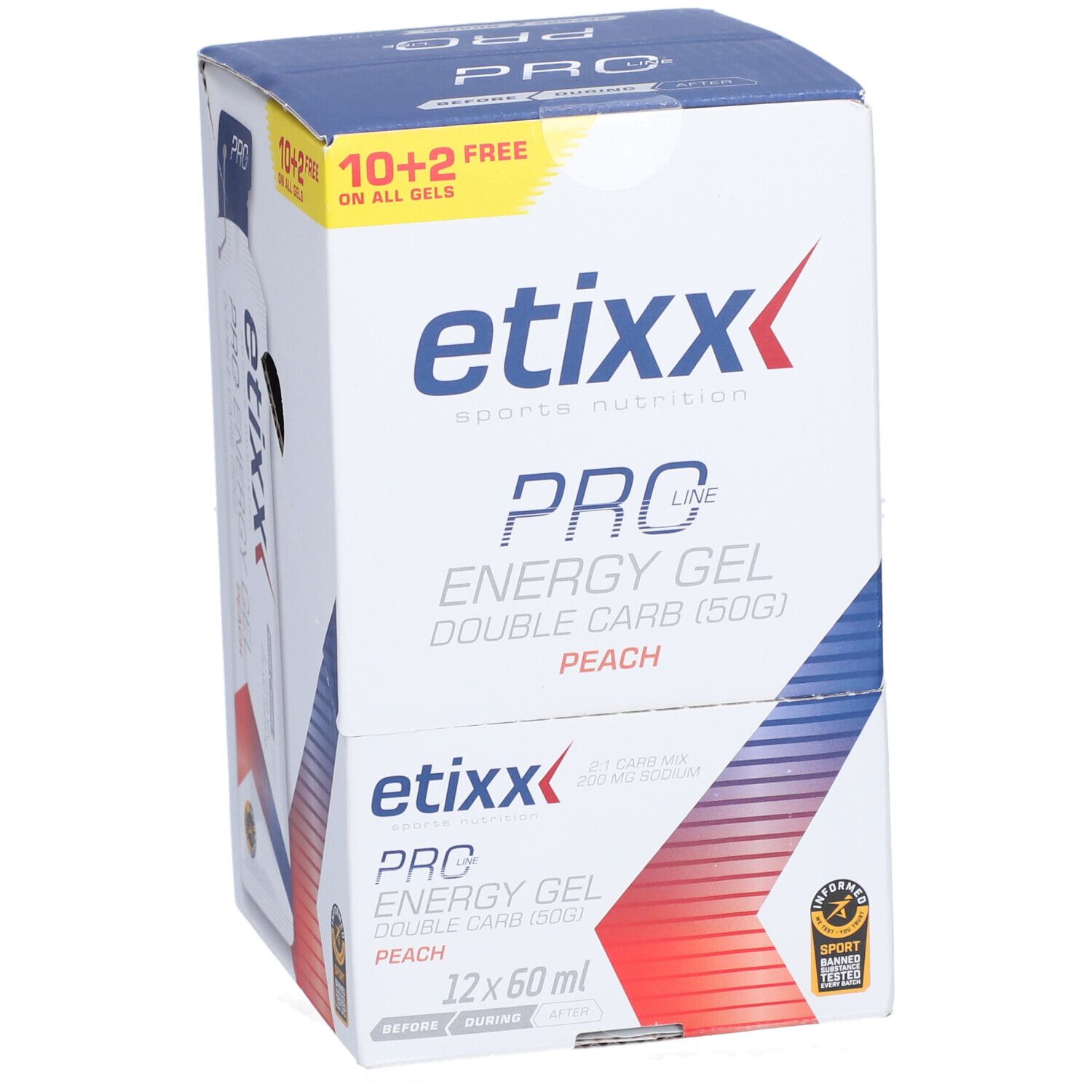 Etixx Pro Line Energy Gel Double Carb Perzik. Doos met gels. 12 x 60 ml.